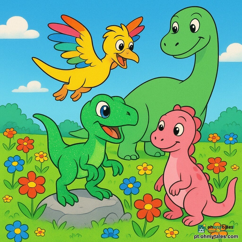 Uma pequena velociraptor chamada Lia, com olhos brilhantes e escamas verdes cintilantes, está alegremente em cima de uma pedra no meio de um campo de flores coloridas. Tico, um dinossauro com penas amarelas, voa perto de Lia, suas asas abertas em um arco-íris de cores. Lila, uma dinossaura com escamas rosas, está ao lado de Lia, sua longa cauda enrolada em torno de uma flor. Brontos, um grande dinossauro de pescoço comprido, está ao fundo, observando a cena com um sorriso benevolente. O campo está cheio de flores de cores vivas, vermelhas, azuis e amarelas, que parecem cantar sob um céu azul claro. A cena principal mostra Lia e seus amigos descobrindo o campo de flores cantantes, maravilhados com a beleza e a magia do lugar.