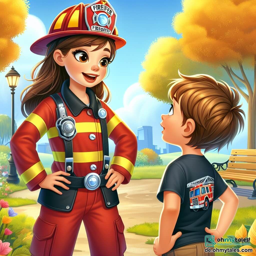 Eine Feuerwehrfrau, Anna, steht im Mittelpunkt des Bildes, lächelnd und selbstbewusst, in einer roten Feuerwehruniform und einem glänzenden Helm. Sie hat braune Haare zu einem Pferdeschwanz gebunden und funkelnde Augen voller Entschlossenheit. Sie spricht mit einem etwa 11-jährigen Jungen, Max, der unordentliche braune Haare hat und ein T-Shirt mit einem Feuerwehrwagen trägt. Max steht bewundernd neben Anna, die Hände in die Hüften gestemmt, und hört aufmerksam ihrer Geschichte zu. Die Szenerie ist ein sonniger Park mit goldenen Blättern an den Bäumen und einem hellblauen Himmel. Eine Bank aus Holz befindet sich im Hintergrund, und bunte Blumen säumen den Weg. Die Hauptsituation zeigt Anna, die spannende Geschichten über ihren Beruf als Feuerwehrfrau mit Max teilt, der davon träumt, eines Tages Feuerwehrmann zu werden. Die Stimmung ist fröhlich und inspirierend und verdeutlicht die Verbindung zwischen den beiden Charakteren sowie die Bedeutung von Hilfe und Mut.