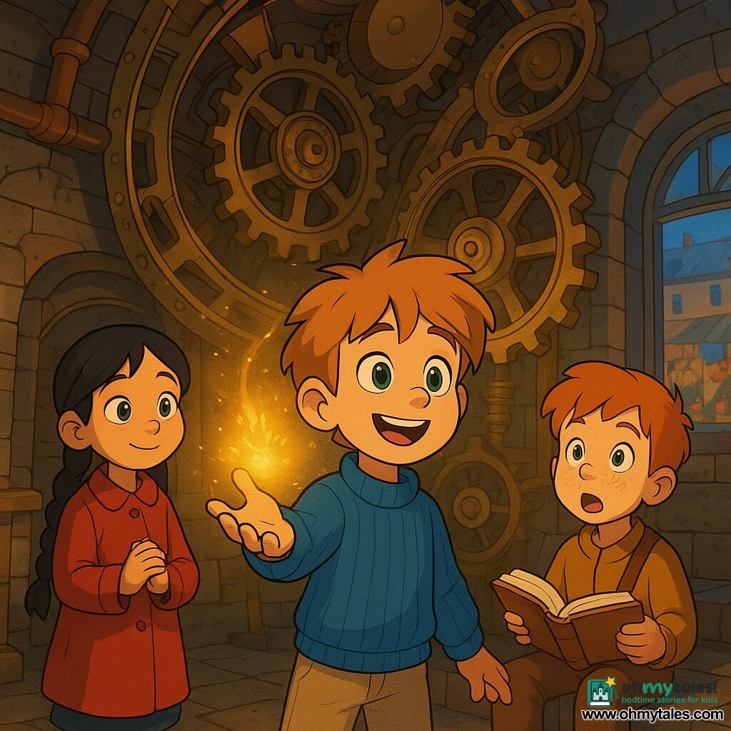 A 6-year-old boy with tousled light brown hair and big curious green eyes in a blue ribbed sweater, beige pants and worn sneakers smiles in wonder as he reaches toward a floating golden glow at the heart of a clock mechanism; nearby, a ~7-year-old girl with braided black hair in a red coat stands slightly left with hands clasped, awed, and a freckled redheaded boy of 6–8 with a small shoulder bag sits on a right-hand step, mouth open, holding an open book. The scene is inside an old clock tower amid an urban market: patinated stone walls, large brass gears, shiny cogs and copper pipes, market posters visible through a window, with warm golden sparks pulsing from a large gilded clock face as massive gears turn and cast warm reflections on the children. Visual style: saturated colors, crisp cel-shaded shadows, cute rounded proportions, slightly rough stone textures and shiny metallic gears, warm mysterious atmosphere.