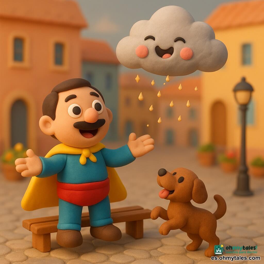 Paco, sonriente y alegre, ojos grandes y redondos, bigote fino, lleva calzoncillos rojos sobre pantalón azul y capa amarilla, de pie en un banco de madera con los brazos abiertos como contando un chiste; un perrito Tito, pequeño y macho, pelaje marrón y orejas caídas, ladra y baila en dos patas cerca del banco mirando a Paco; una nube juguetona, redonda y esponjosa, gris clara con mejillas rosadas, baja riendo sobre la plaza y deja caer gotas brillantes como pequeñas estrellas; la plaza empedrada con piedras redondas, rodeada de edificios pastel, faroles redondos y flores en macetas, luz suave dorada de final de tarde; situación principal: Paco cuenta un chiste a la nube, la nube ríe y llora lluvia brillante que hace bailar a los habitantes, escena festiva y luminosa con expresiones exageradas, colores vivos y texturas lisas de plastilina; estilo visual: figuritas de plastilina lisa, colores pastel saturados, iluminación suave, composición simple y formas redondeadas.
