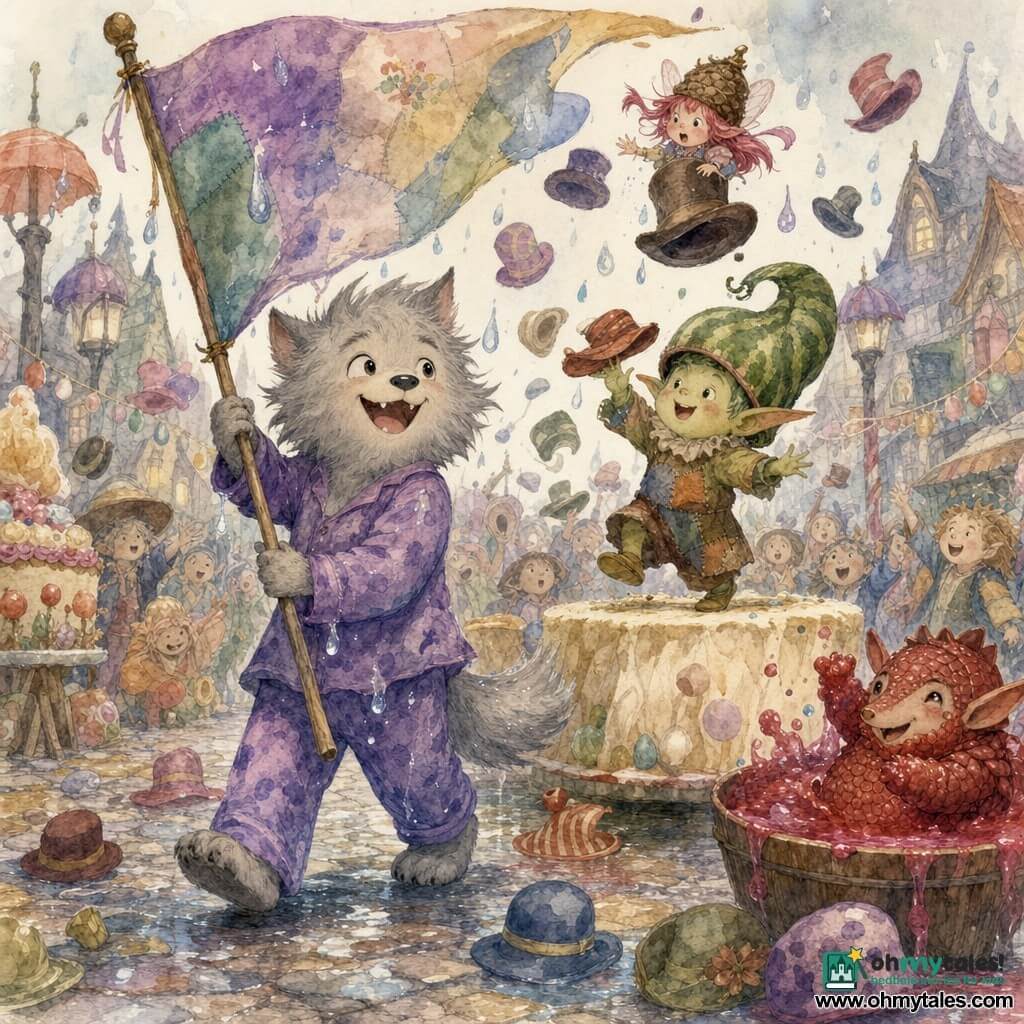 The main character is Howlbert, a tall, fluffy male werewolf with tousled light-gray fur, round joyful eyes and a bright smile, laughing and leading a parade while wearing a water-stained purple pajama and waving a large colorful banner; his tail fur sparkles with droplets. The important secondary character is Pipkin, a small round male goblin with pale green skin in patchwork clothes and a lopsided giant watermelon hat, jumping on a marshmallow stage and tossing hats. A tiny pink-haired pixie girl wearing a pine-cone beanie is comically stuck on a hat’s brim, hovering above the crowd. A red armadillo rolls in a bucket of jelly to the right of the stage, smiling with jam-covered paws. The scene is Puddlewood village square with uneven cobbles, candy garlands, upside-down umbrellas on lamp posts, sugar stalls and watercolor lanterns; the joyful, dynamic parade centers on Howlbert and Pipkin as uncomfortable hats fall, fly and bounce in a colorful shower.