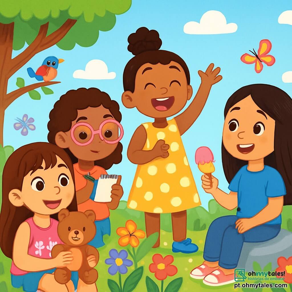 Há 4 crianças: - Sara: uma menina de 7 anos, com cabelos longos e castanhos e olhos brilhantes. Ela usa uma blusa rosa com gatos dançantes e está sentada na grama, segurando seu ursinho de pelúcia Fofucho. - Lila: uma menina de 7 anos, com óculos rosas e cabelos cacheados. Ela está em pé ao lado de Sara, anotando em um pequeno caderno. - Inès: uma menina de 7 anos, com um coque alto e um vestido de bolinhas. Ela está rindo, com os braços levantados, como se tivesse contado uma piada. - Yasmin: uma menina de 7 anos, com cabelos longos e lisos, vestindo uma camiseta azul. Ela está sentada em uma pedra, sorrindo e segurando uma borracha em forma de sorvete. O local é um jardim encantador, cheio de flores coloridas com pétalas brilhantes, grandes árvores com folhas verdes e um céu azul claro com nuvens brancas e fofas. É possível ver borboletas voando ao redor das flores e um pequeno pássaro de penas brilhantes empoleirado em um galho. A cena principal mostra os quatro amigos conversando alegremente sobre suas missões de bondade para o Ramadan, com sorrisos radiantes em seus rostos, cercados pela beleza do jardim.