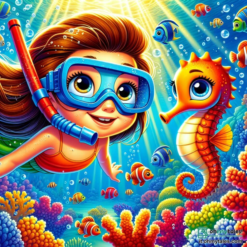 Una ragazza di 6 anni, Sofia, con lunghi capelli castani che galleggiano nell'acqua, indossa una maschera da sub blu e un boccaglio rosso. Il suo viso esprime gioia e meraviglia, i suoi grandi occhi brillano di eccitazione mentre osserva pesci colorati intorno a lei. Accanto a lei, un piccolo cavalluccio marino arancione di nome Cesare, con occhi rotondi e curiosi, nuota felicemente, mostrando la strada a Sofia. Sullo sfondo, una splendida foresta di coralli colorati, con tonalità di rosso, blu e giallo, si estende sotto una luce dorata che filtra attraverso la superficie dell'acqua. La scena principale mostra Sofia e Cesare che esplorano insieme questo mondo sottomarino vibrante, circondati da pesci multicolori che danzano attorno a loro, creando un'atmosfera magica e piena di avventura.