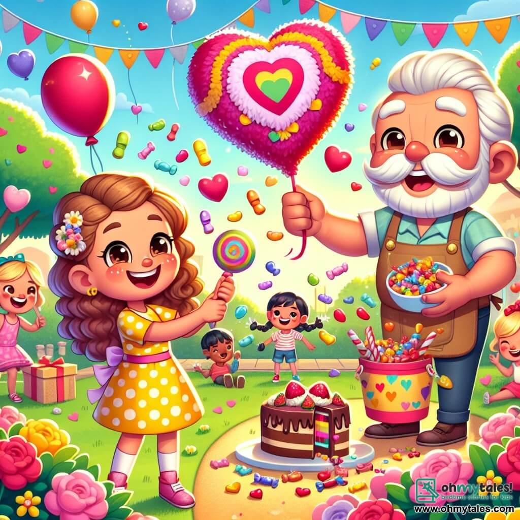 In a sunny park, an 8-year-old girl named Lily, with curly brown hair and a yellow polka dot dress, smiles while picking up colorful candies falling from a heart-shaped piñata. Next to her, her best friend Mia, also 8, with braided blonde hair and a pink dress, joyfully laughs while holding a red heart-shaped balloon. A little further away, an elderly man, Mr. Bumble, with a large white mustache and an apron, offers slices of chocolate cake to the children around him, creating a festive atmosphere. The park is decorated with colorful heart garlands, floating balloons, and bright flowers, while a group of children has fun around a large banner that reads "Friendship is the best!" The scene shows Lily and Mia sharing laughter and joy, surrounded by friends, celebrating the magic of Valentine's Day with hearts, candies, and bright smiles.