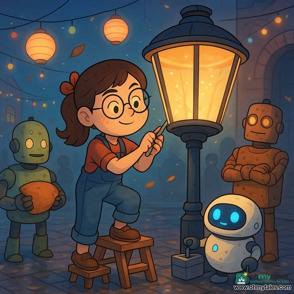 A 10-year-old girl with a round face, freckles, brown side-ponytail with a ribbon, slightly slipping round glasses, concentrated and brave expression with furrowed brows and a shy smile, holding a small metal screwdriver while standing on a short step ladder; a small round flat domestic robot named Pipp with a glossy white shell and blinking blue LEDs holds a silver toolbox at the ladder’s base, tilting its "head" to watch; an old copper-patina rectangular librarian robot named Gert with amber round eyes stands in the background right, arms crossed and watching proudly; a cylindrical gardener robot named Fenn stands left holding a cushion, dusty with soil and emitting a small relieved beep; the scene is a small paved night square under floating round lanterns with brick walls, reflective canals, hanging string lights and wet cobbles reflecting pastel neon (pink, blue, yellow); the girl is repairing a loose hinge at the base of a tall modern lantern wobbling in gusts, tiny bulbs about to fall, leaves swirling and a crowd of residents and robots forming a ring of amazed onlookers; visual style: warm soft colors, thin black cartoon outlines, paper and light-brush textures, exaggerated readable expressions, and soft nighttime lighting with reflections on the wet paving.