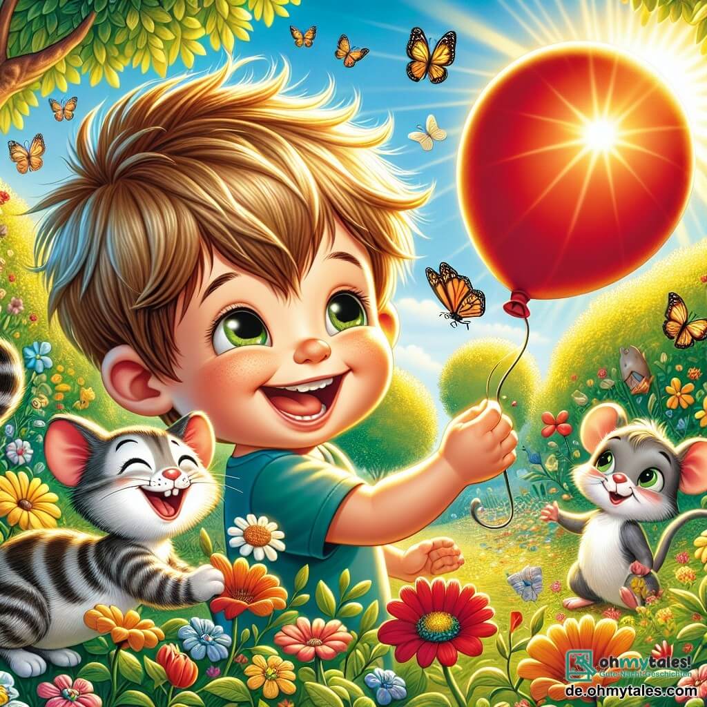 Ein kleiner Junge von 2 Jahren, Tim, mit zerzausten blonden Haaren und neugierigen Augen, lächelt fröhlich, während er einen großen roten Ballon hält. Er sitzt in einem grünen Garten, umgeben von bunten Blumen und schwirrenden Schmetterlingen. Neben ihm ist Leo, eine getigerte Katze mit grünen Augen, die mit dem Ballon spielt, indem sie ihn sanft mit ihrer Pfote anstößt. Weiter weg beobachtet Mila, eine kleine graue Maus mit großen Ohren, die Szene mit einem fröhlichen Ausdruck und ist bereit, mitzumachen. Der Garten ist in goldenes Licht getaucht, mit Bäumen, deren Blätter glänzen, und einem blauen Himmel, der mit flauschigen weißen Wolken übersät ist. Die Hauptsituation zeigt Tim, der herzhaft lacht, während er seinen Ballon mit Leo und Mila teilt und eine Atmosphäre von Freude und Freundschaft unter der sanften Morgensonne schafft.