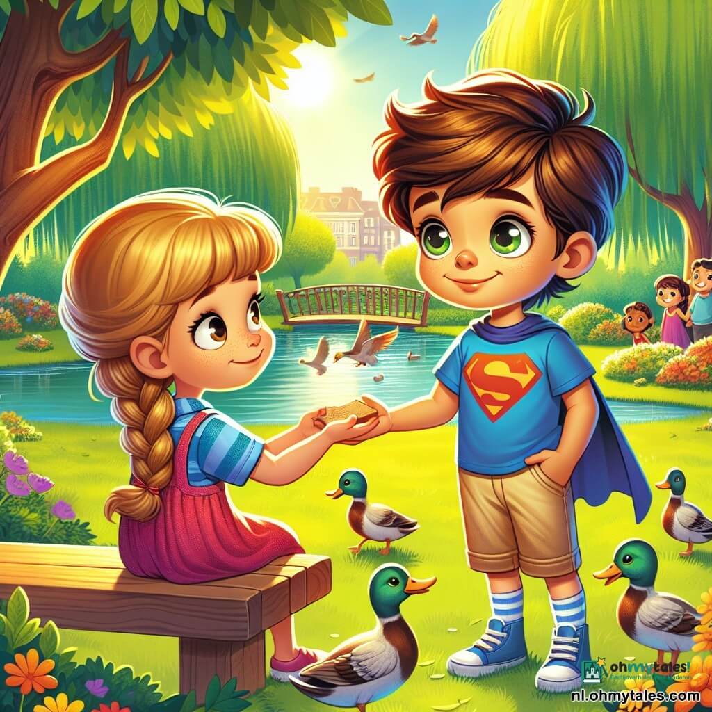 Een 8-jarig jongetje genaamd Tom, met rommelig bruin haar en nieuwsgierige ogen, staat in een zonnig park. Hij draagt een blauwe t-shirt met een superheldenafbeelding en een beige short. Zijn gezicht toont zachte vastberadenheid terwijl hij zijn hand uitsteekt naar een klein meisje, Emma, die ongeveer 7 jaar oud is, met lange blonde gevlochten haren en een roze jurk. Ze glimlacht verlegen, zittend op een bank en houdt een stuk brood vast dat ze klaar is om aan de eenden te geven. Het park is groen, met loofbomen die in de wind wiegen en een klein vijvertje dat schittert in de zon. Kleurrijke bloemen omzomen het pad en er zijn enkele eenden die vredig in het water zwemmen. De hoofdscène toont Tom en Emma die een blije moment delen, terwijl ze stukjes brood naar de eenden gooien, wat vriendschap en vrede symboliseert. De sfeer is helder en vol leven, wat de schoonheid van kleine gebaren van vriendelijkheid illustreert.