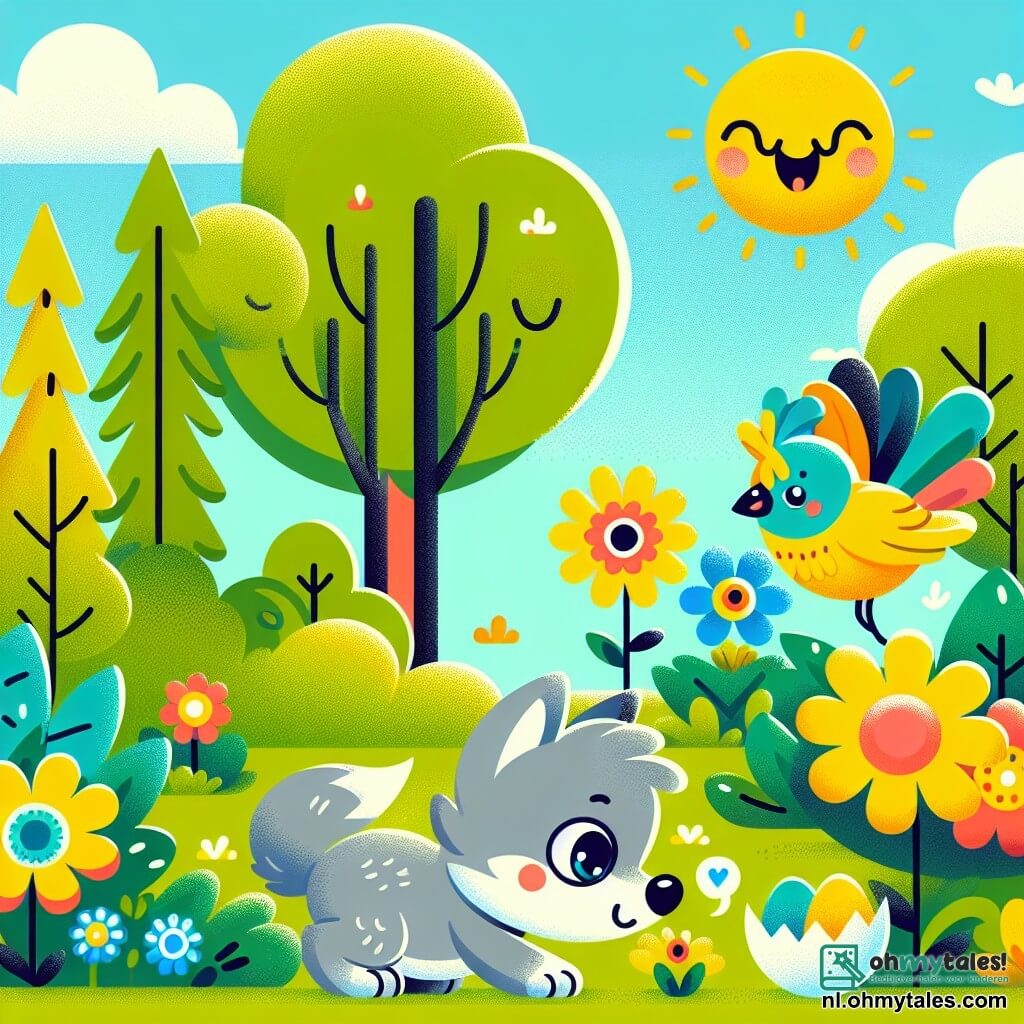 Een kleine wolf met zachte grijze vacht, grote glanzende ogen en een blije glimlach snuffelt aan kleurrijke bloemen in een zonnig park. Een kleine vogel met gele en blauwe veren, vrolijk van aard, zingt blij terwijl hij zijn nest in een nabijgelegen boom bouwt. Het park is gevuld met felgekleurde bloemen, grote bomen met groene bladeren en een zachte zonneschijn die het tafereel verlicht. De kleine wolf ontdekt een verlaten ei op het gras en, nieuwsgierig, komt hij dichterbij om het te onderzoeken, terwijl de vogel naar hem toe vliegt, klaar om zijn waardevolle ei terug te halen.
