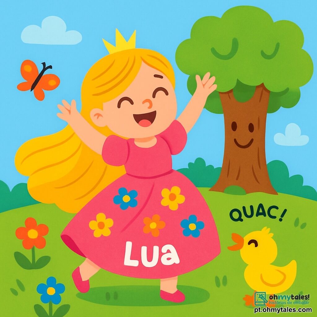 Uma princesa chamada Lua está no centro da imagem. Ela tem longos cabelos dourados que brilham ao sol e veste um vestido rosa cintilante decorado com flores coloridas. Seu rosto está iluminado por um grande sorriso, mostrando sua alegria e determinação. Lua está dançando na grama, levantando os braços para o céu. Ao lado dela, um pequeno pato amarelo, com um bico laranja vivo, canta alegremente, parecendo encorajar a princesa com seus "quac-quac". Um pouco mais longe, uma grande árvore com folhas verdes vibrantes e um tronco grosso e tortuoso parece sorrir para Lua, como se estivesse lhe dando força. A cena se passa em um jardim encantador, repleto de flores multicoloridas que dançam ao vento. Borboletas de asas brilhantes voam ao redor, acrescentando à magia do momento. Lua, cheia de coragem, tenta recuperar as cores perdidas do mundo, dançando e rindo com seu amigo pato, enquanto a árvore os observa com benevolência.
