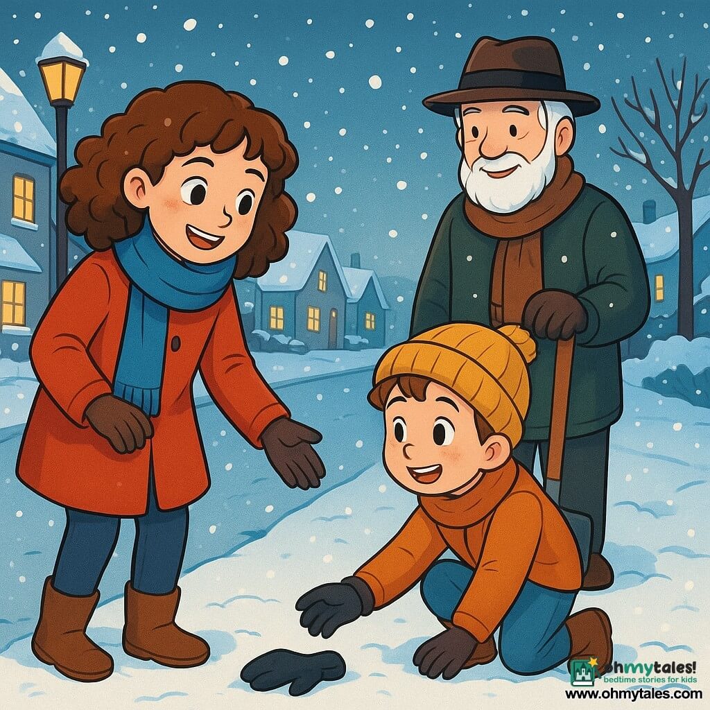 A 12-year-old girl with curly brown hair, wearing a bright red coat and a blue wool scarf, stands on a snowy sidewalk, her face lit up by a joyful and curious smile. She watches a 7-year-old boy with rosy cheeks and a yellow hat picking up a black glove fallen in the snow, his eyes sparkling with gratitude. Nearby, an elderly man, Mr. Alvarez, with a white beard and a felt hat, smiles while holding a shovel, ready to clear his driveway. The setting is a peaceful street lined with houses with snow-covered roofs, where snowflakes gently fall, creating a magical and serene atmosphere. Streetlights cast a golden glow, illuminating the footprints in the fresh snow. The main scene shows the girl encouraging the boy to pick up his glove, a moment of kindness and sharing that warms the heart in the midst of winter.