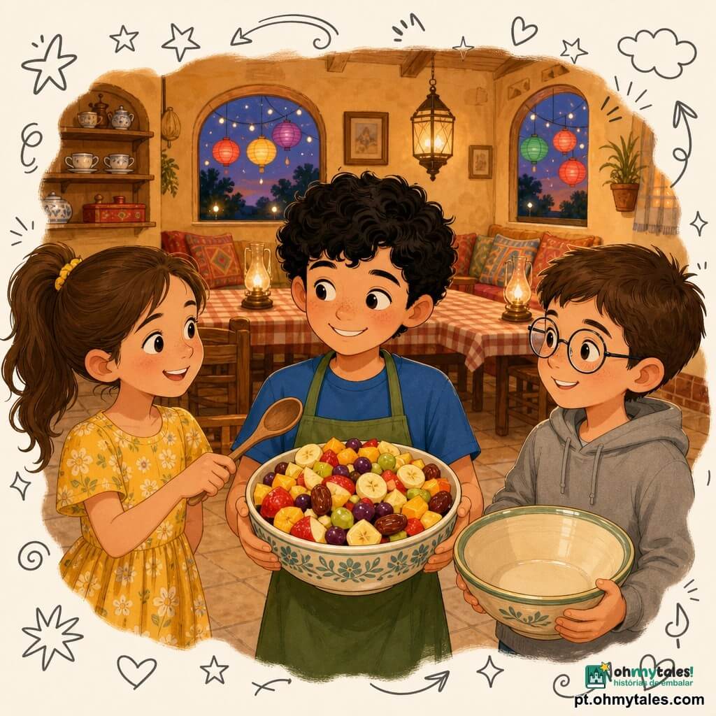 Há três personagens: Karim, menino de cerca de 9 anos, pele clara e cabelos pretos encaracolados, com t‑shirt azul e avental verde, segurando com as duas mãos uma grande salada de frutas colorida no centro; Inês, menina de cerca de 10 anos, cabelo castanho em rabo de cavalo, vestido amarelo com flores, à esquerda de Karim, sorrindo e oferecendo uma colher de madeira; Tomás, menino de cerca de 9 anos, cabelo castanho curto, óculos redondos e casaco cinzento, à direita de Karim, segurando uma grande tigela vazia como “responsável oficial” e olhando orgulhoso. Ambiente acolhedor na sala da avó, mesa comprida de madeira ao fundo com toalhas xadrez e almofadas coloridas, lanternas e lâmpadas visíveis pela janela, paredes ocre, prateleiras com chávenas e caixa de chá, chão de azulejos claros e luz dourada do entardecer. Situação: as crianças levam uma salada de frutas vibrante (maçãs vermelhas, bananas amarelas, uvas roxas, manga laranja, tâmaras castanhas) para pôr na mesa familiar, com expressão de alegria e trabalho em equipa, em ambiente festivo discreto com lanternas coloridas e texturas visíveis.