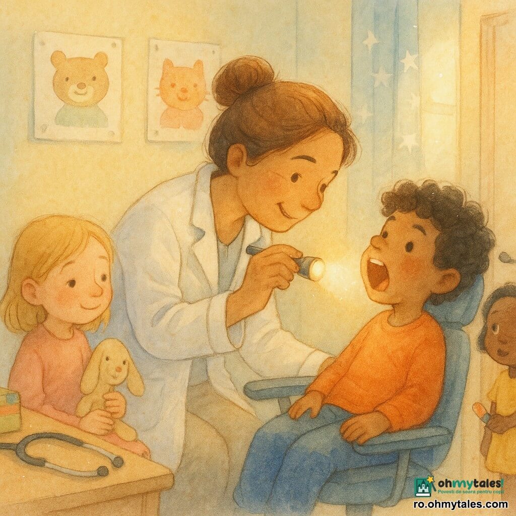 O femeie doctor zâmbitoare și binevoitoare, în jur de 40 de ani, păr șaten prins în coc, halat alb ușor șifonat, ține o lanternă mică care luminează gâtul pacientului și se apleacă ușor; un băiat, Luca, de aproximativ 7 ani, păr castaniu creț, obraji roșii, stă pe scaunul de examinare cu gura larg deschisă; o fetiță, Eva, de circa 6 ani, subțire, nas ușor roșu, ține o jucărie de pluș și zâmbește timid pe un taburet la stânga doctoriței; o fetiță, Maria, de vreo 5 ani, cu ochi mari și curioși, stă lângă ușă ținând un plasture colorat; cabinet mic de școală, pereți galben pal și albastru ciel, postere cu animale, cutie de plasturi colorate pe birou, stetoscop, perdea cu stele și lumină blândă de dimineață; scenă caldă și liniștitoare de consultație în care medicul examinează gâtul unui copil, ceilalți așteaptă veseli dar liniștiți.
