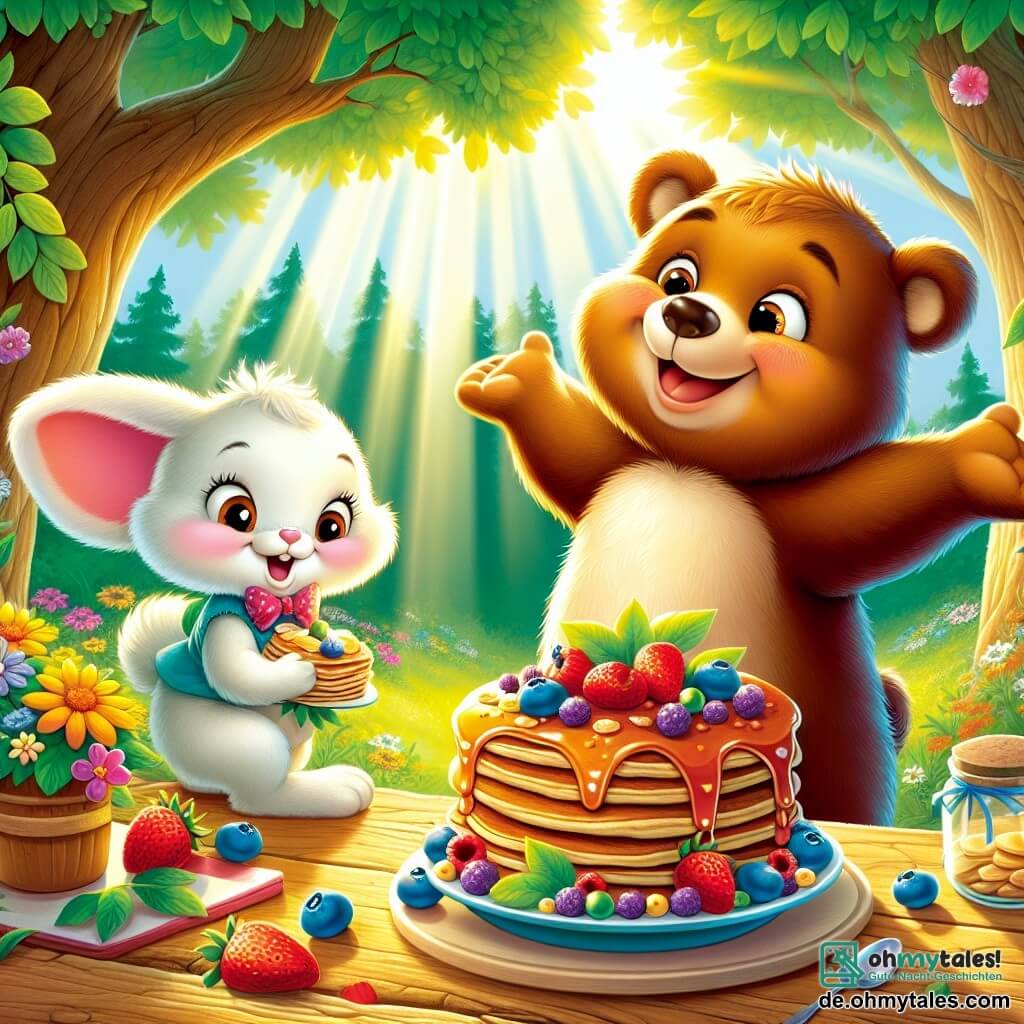 Ein fröhlicher Braunbär mit weichem Fell und funkelnden Augen steht stolz vor einem rustikalen Holztisch mit erhobenen Armen und bewundert ein Festmahl aus bunten Pfannkuchen, die mit frischen Beeren dekoriert sind. Neben ihm hält ein kleiner weißer Hase mit großen Ohren und schelmischen Augen, der begeistert lächelt, einen Teller voller Pfannkuchen bereit, um sie zu servieren. Er lehnt sich leicht nach vorne, als wäre er ungeduldig, diese köstliche Überraschung zu teilen. Die Szene spielt sich auf einer sonnigen Lichtung ab, umgeben von leuchtend grünen Bäumen und bunten Blumen, die sanft im Wind tanzen. Sonnenstrahlen dringen durch die Äste und erhellen den Tisch, was eine warme und fröhliche Atmosphäre schafft. In dieser Hauptsituation bereiten der Bär und der Hase ein besonderes Frühstück zum Vatertag vor, voller Aufregung und Liebe, bereit, den Papa-Bären, der überraschend ankommt, zu überraschen.