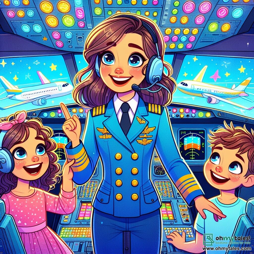 In the center of the image, a smiling pilot, Captain Lily, a woman in her thirties, wears a bright blue pilot jacket adorned with shiny buttons. Her chestnut hair is tied back in a ponytail, and her eyes sparkle with joy and determination as she stands in the cockpit of her plane, surrounded by colorful buttons and bright screens. She confidently looks at the children around her. Next to her, an 8-year-old girl named Mia, with curly hair and wearing a pink dress, is fascinated by the cockpit, her eyes wide with wonder as she points at the instruments. A boy named Leo, also 8 years old, with messy brown hair and a blue t-shirt, stands just behind Mia, arms crossed, sporting a big smile as he admires Captain Lily's courage. The cockpit is filled with vibrant colors, flashing lights, and metal levers. Outside, a bright blue sky is visible through the window, dotted with fluffy white clouds, while the airport ground below shows colorful runways and hangars. The main scene depicts Captain Lily preparing for her flight, explaining to the children how to pilot a plane while staying calm in the face of a minor engine issue, showcasing her courage and professionalism.