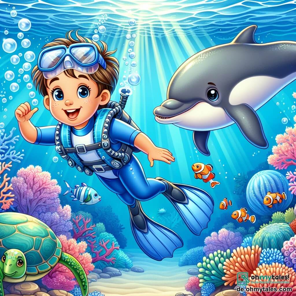 Ein 6-jähriger Junge mit zerzausten braunen Haaren und neugierigen Augen schwimmt fröhlich unter Wasser, trägt einen blauen Taucheranzug und große Flossen. Sein Gesicht zeigt Staunen und Aufregung, während er eine magische Unterwasserwelt entdeckt. Neben ihm begleitet ihn ein freundlicher Delfin mit silbernen Schuppen, der springt und in den Luftblasen spielt. Weiter weg beobachtet eine alte Meeresschildkröte mit einem von bunten Korallen geschmückten Panzer weise die Szene, während sie langsam im klaren Wasser schwebt. Der Meeresboden ist mit lebhaften Korallen in Rosa-, Orange- und Violetttönen bedeckt, während bunte Fische um sie herum schwimmen und eine fröhliche, lebendige Atmosphäre schaffen. Lichtstrahlen filtern durch die Wasseroberfläche und erhellen die Unterwasserlandschaft. Die Hauptsituation zeigt den Jungen und den Delfin, die gemeinsam erkunden und eine wunderschöne Unterwasserstadt aus funkelnden Korallen entdecken, wo freundliche Meeresbewohner sie begeistert empfangen.