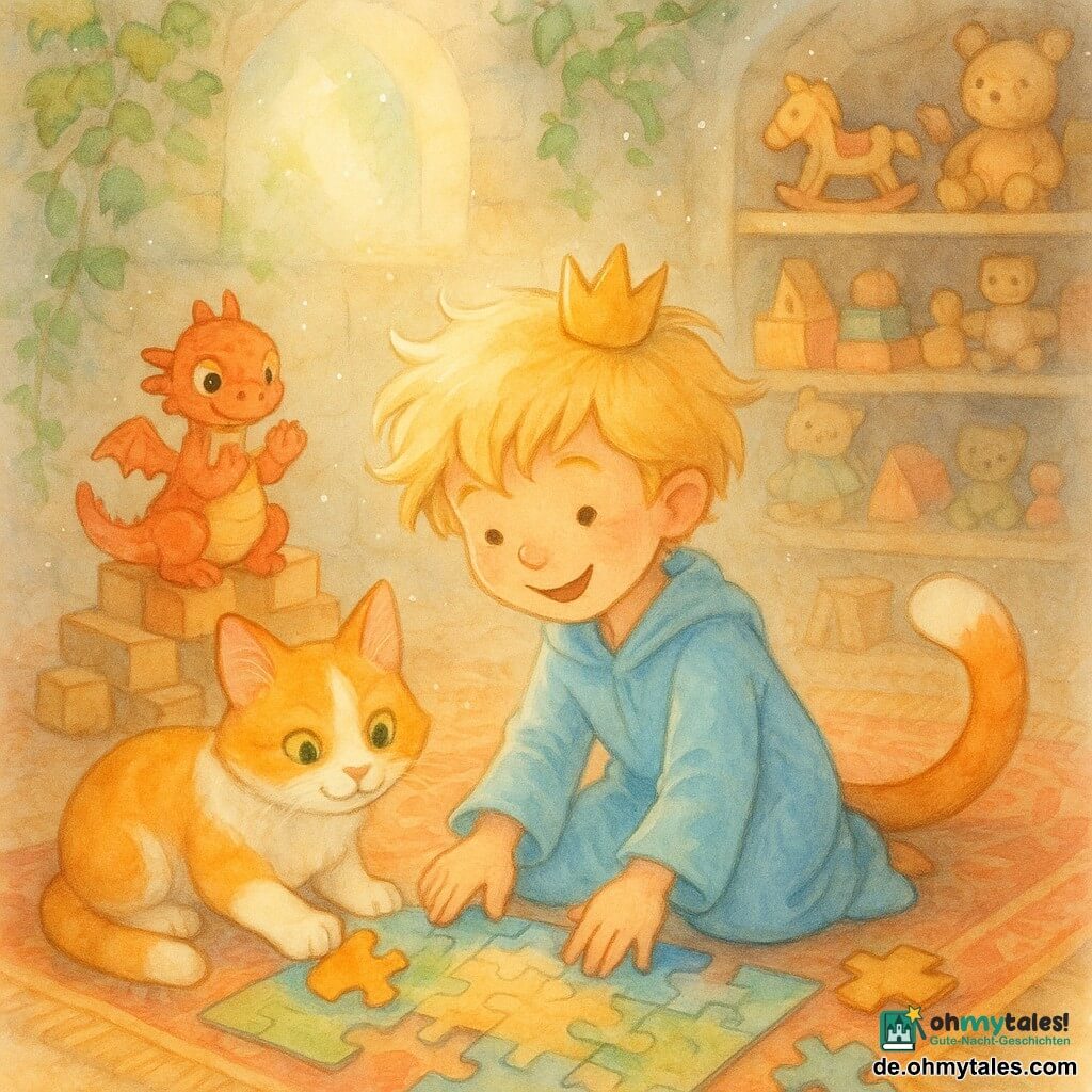 Ein lächelnder, staunender kleiner Prinz (Junge, ca. 7 Jahre) mit zerzausten blonden Haaren, leichter himmelblauer Morgenrobe und einer schief sitzenden goldenen Krone kniet am Boden und setzt ein großes buntes Puzzle zusammen; die Katz Felix (männlich) mit rot-weißem Fell und leuchtend grünen Augen schiebt mit der Pfote ein Puzzleteil und schnurrt neben dem Prinzen, das kleine Spielzeugdrachen Drako in Rot-Orange mit glänzenden Schuppen und schelmischen Augen sitzt auf einem Stapel Holzklötze hinter ihm und klatscht mit seinen kleinen Pfoten; die Szene spielt in einem geheimen Schlosszimmer mit steinernen, efeubewachsenen Wänden, sanften Lichtstrahlen durch ein rundes Oberlicht, überfüllten Regalen mit Holzspielzeug und Kuscheltieren und einem warmfarbigen persischen Teppichboden — fröhlicher, lebhafter Moment, in dem sie die letzten Teile des großen mehrfarbigen Puzzles zusammensetzen, ein fehlendes Teil wurde in einer geöffneten Schatzkiste neben ihnen gefunden.