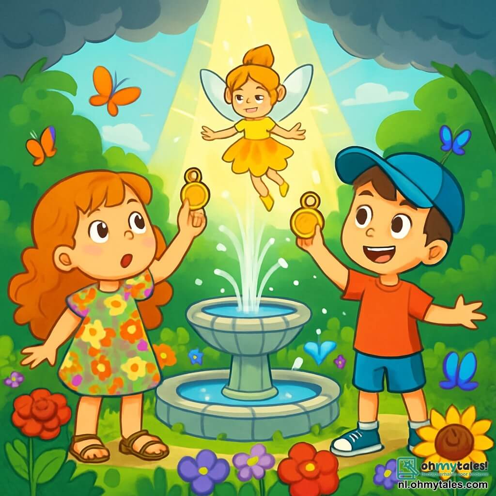 Er zijn 3 personages: - Lotte: Een 8-jarig meisje met lange, rossige krullen. Ze draagt een kleurrijke bloemenjurk en sandalen. Ze staat links met grote ogen van verwondering. - Sam: Een 9-jarige jongen met een blauwe pet en bruin haar. Hij draagt een rode t-shirt en een spijkerbroek. Hij staat rechts van Lotte met een grote glimlach en uitgestrekte armen, klaar om te verkennen. - Faye: Een kleine fee met glinsterende vleugels, die boven de twee kinderen zweeft. Ze heeft gouden haren en draagt een jurk van bloemblaadjes. Ze staat in het midden, verlicht door een zachte magische gloed. De plek is een prachtige geheime tuin, vol met schitterende bloemen in levendige kleuren, zoals rode rozen, gele zonnebloemen en paarse viooltjes. In het midden staat een stenen fontein die kristalhelder water uitstoot dat onder de zon glinstert, omringd door weelderig groen. Kleurrijke vlinders vliegen rond en voegen toe aan de magie van de plek. De belangrijkste situatie toont Lotte en Sam die hun amuletten naar de fontein heffen, terwijl Faye hen aanmoedigt met een stralende glimlach. Een straal licht ontspringt uit de fontein, verlicht de tuin en verdrijft de donkere wolken die de stad bedreigden.