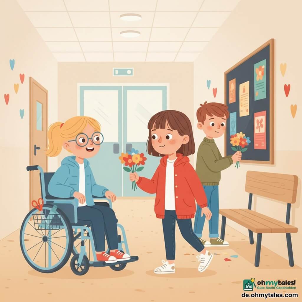Drei Personen: ein Mädchen, ca. 10 Jahre, braune schulterlange Haare, Sommersprosse, trägt eine knallrote Jacke und leicht schmutzige weiße Turnschuhe, hält in der rechten Hand ein kleines buntes Papierblumensträußchen und geht nach rechts; ein weiteres Mädchen, ca. 10 Jahre, blonde Pferdeschwanz, runde Brille, sitzt links in einem modernen Rollstuhl, lächelt und schaut zur Sträußchen-gabenden, trägt einen hellblauen Mantel und hat eine Schere im Rollstuhlkorb; ein Junge, ca. 12 Jahre, kurz kastanienbraune Haare, schüchternes dann lächelndes Gesicht, steht rechts hinten bei einer Pinnwand und hebt vorsichtig das Papiersträußchen von einer Bank auf, trägt einen olivgrünen Pullover und Jeans. Ort: heller Schulflur mit beigem Linoleumboden, hellen Wänden mit Papierherzen, heller Holzbänke, schwarzer Pinnwand mit bunten Plakaten und einer glastür im Hintergrund, weiches Licht. Szene: ruhiger, mutiger Moment, in dem das Mädchen dem schüchternen Jungen das Papiersträußchen reicht; warme Atmosphäre, kräftige Farben, sichtbare Details wie ausgeschnittenes Papier, Klebereste an den Fingern und erste Lächeln.
