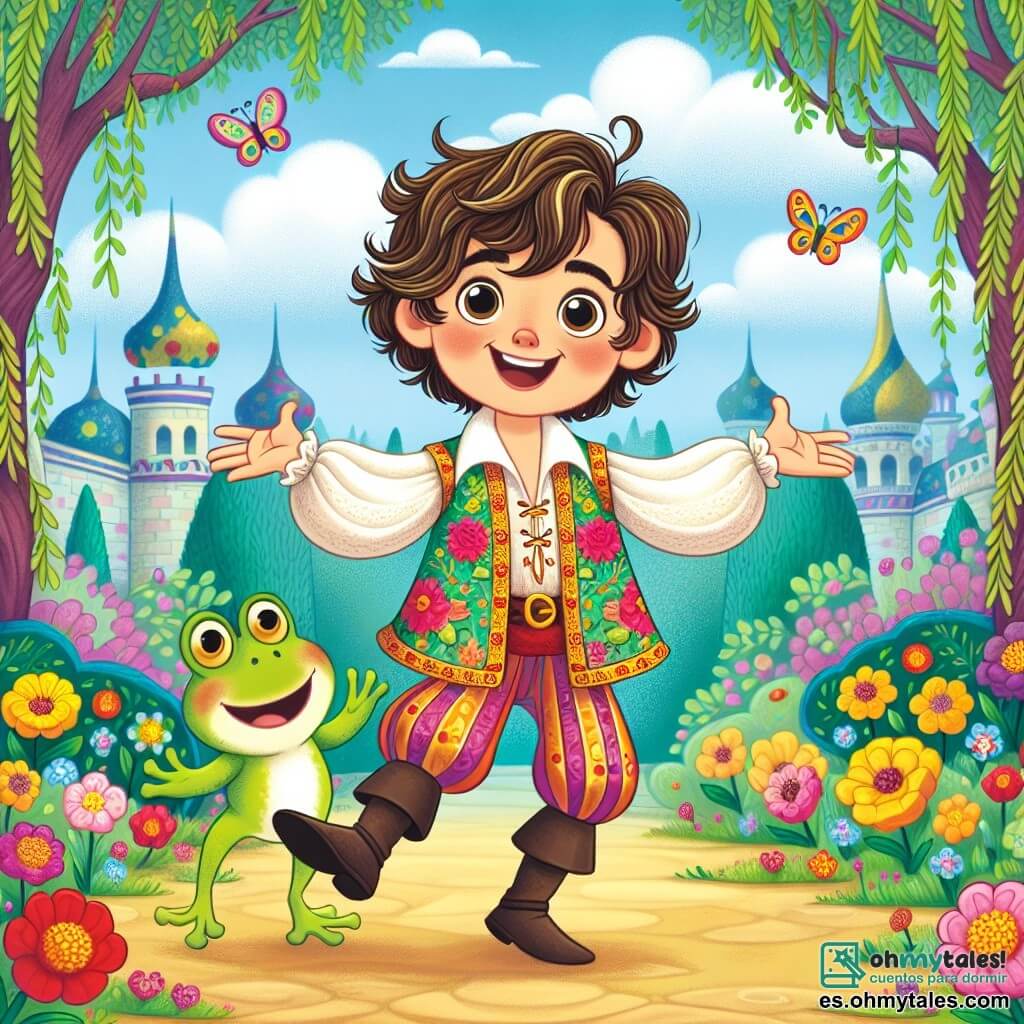 El príncipe Torpecillo, un niño con el cabello despeinado y una sonrisa radiante, está en el centro de la escena, con los brazos extendidos, listo para ejecutar un giro torpe. Lleva una túnica colorida con motivos florales y pantalones que parecen un poco grandes, lo que acentúa su aspecto cómico. Su rostro expresa una alegría contagiosa, mezclada con una ligera aprensión, mientras se prepara para caer. A su lado, Salto, una pequeña rana verde con ojos redondos y traviesos, está en su hombro, riendo a carcajadas. Lleva un pequeño sombrero de hoja, añadiendo un toque de fantasía. Al fondo, el jardín encantado del castillo de Fabulandia se extiende, lleno de flores brillantes, grandes árboles retorcidos y un cielo azul con nubes esponjosas. Mariposas de colores vuelan alrededor, añadiendo magia al lugar. La escena principal muestra al príncipe Torpecillo deslizándose sobre una piedra, con los brazos en alto, mientras las risas estallan a su alrededor. Las flores parecen inclinarse para mirar mejor, y la atmósfera es alegre y llena de vida, capturando el espíritu lúdico de la historia.