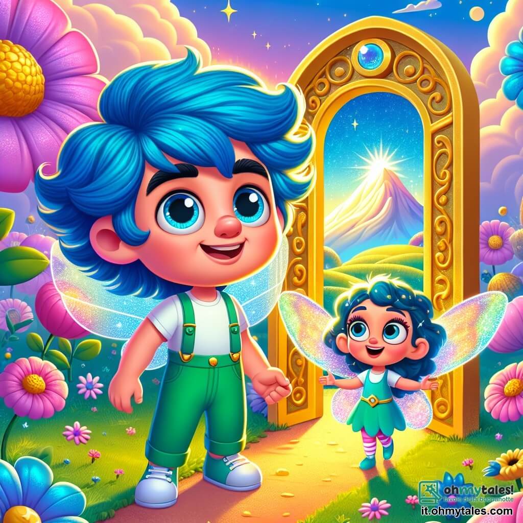 Un gigante di nome Gigi, con capelli blu brillanti e occhi pieni di curiosità, si trova davanti a una porta dorata scintillante. Indossa pantaloni verdi e un grande sorriso gioioso illumina il suo viso. Accanto a lui, una piccola fata di nome Lilla, con capelli lucenti e ali scintillanti, vola intorno a lui, a braccia aperte, piena di entusiasmo. Lo scenario è un giardino magico, pieno di fiori giganti con petali rosa e azzurri, sotto un cielo lilla punteggiato di nuvole dorate. Sullo sfondo, una montagna dorata si erge maestosa, illuminata dalla luce del sole. Gigi, con un'espressione determinata, si prepara ad aprire la porta magica che conduce a un'avventura fantastica, mentre Lilla lo incoraggia con un sorriso radioso.