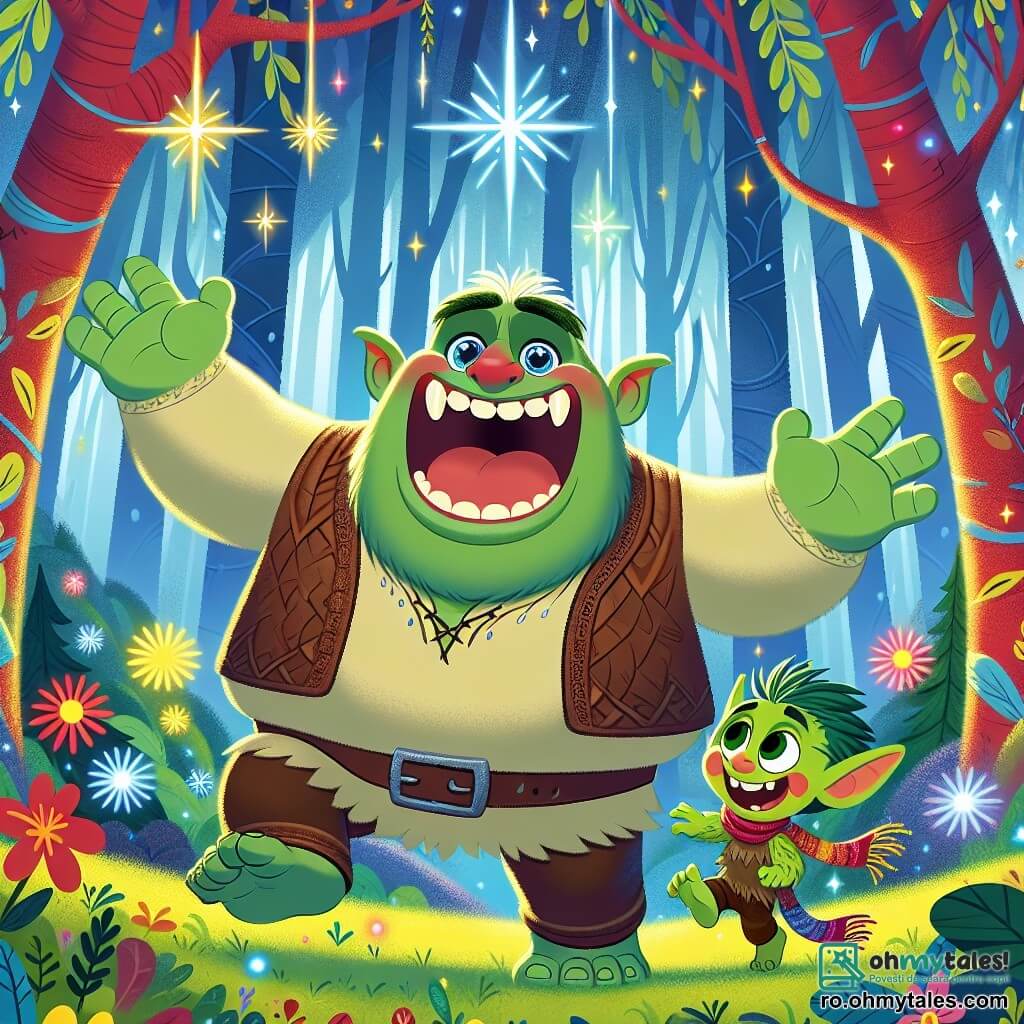 Un ogre vesel și blând, numit Oblu, stă în centrul imaginii, cu un zâmbet mare care îi dezvăluie dinții albi și strălucitori. Are pielea verde, ochi rotunzi și sclipitori și poartă o vestă din piele maro. Oblu râde cu poftă, iar vocea lui răsună în pădurea magică. Lângă el, Gugu, o mică creatură cu blană verde și coada răsucită, sare de bucurie. Gugu are ochi jucăuși și un chip zâmbitor, purtând o eșarfă colorată care flutură în vânt. În fundal, scena se desfășoară într-o pădure fermecată, unde copacii sunt înalți și frunzele strălucesc în culori vii precum roșu, albastru și galben. Flori cântă și dansează în jurul lor, creând o atmosferă veselă și plină de viață. Situația principală arată cum Oblu și Gugu descoperă cristalul strălucitor al Comoarei Zâmbetului, care emite străluciri de lumină, iluminând pădurea și făcând umbrele să danseze pe sol. Cei doi prieteni sunt înconjurați de creaturi ale pădurii care îi privesc cu uimire, sărbătorind descoperirea lor.