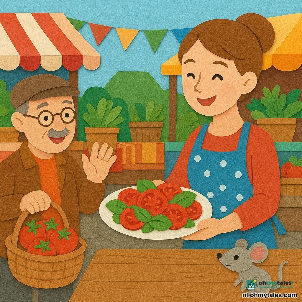 Een stralende Chef Emma met lichtbruin haar in een knot en een blauw schort met witte stippen staat achter een houten tafel en houdt een grote schaal met felrode tomatensalade en groene basilicum; de ongeveer 60-jarige meneer Jansen met gerimpeld gezicht, ronde bril en pet houdt een mand met glanzende tomaten en groet Emma links; een kleine grijze muis met glanzende zwarte ogen zit op de tafel bij de schaal en kijkt nieuwsgierig; de scène speelt zich af op een openluchtmarkt met kleurrijke kramen, houten kisten, gestreepte tafelkleden, manden met kruiden, slingers en een lichtblauwe lucht; Emma biedt de salade aan de marktbezoekers aan met warme gebaren, uitgestrekte schaal en vrolijke, gezellige sfeer.