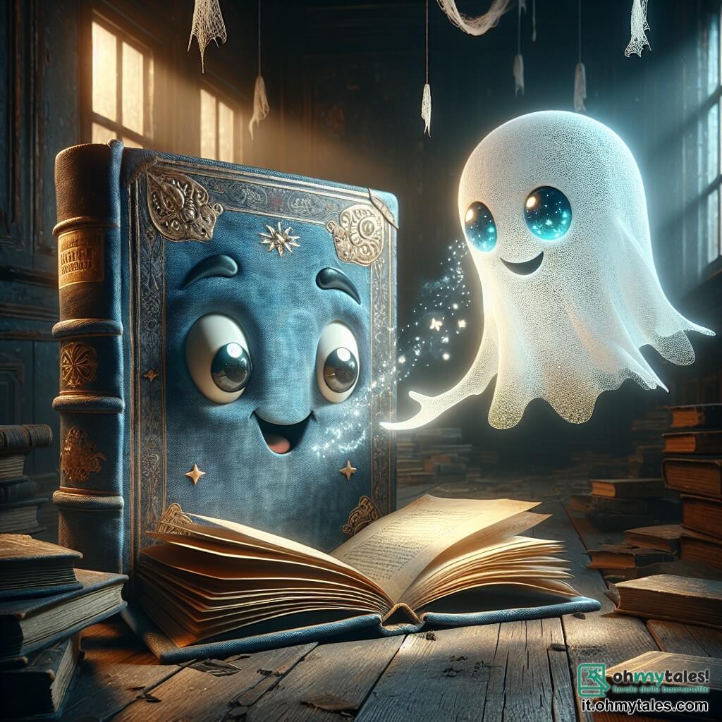 Un libro di fiabe animato, con una copertina di raso blu e pagine dorate, si trova al centro di una stanza buia e polverosa, le sue pagine si aprono con curiosità. Ha occhi brillanti e un sorriso malizioso, mostrando emozione di eccitazione e leggera apprensione. Accanto a lui, un fantasma fatto di pagine di carta, con tratti delicati e occhi scintillanti, fluttua dolcemente. Esprime saggezza e mistero, tendendo una mano traslucida verso il libro, come se lo invitasse a scoprire i segreti della casa. La scena si svolge in una vecchia casa abbandonata, con muri di legno decrepiti, ragnatele agli angoli e libri sparsi sul pavimento. La luce soffusa filtra attraverso finestre rotte, creando un'atmosfera magica e leggermente inquietante. La situazione principale mostra il libro di fiabe e il fantasma che collaborano per scrivere una nuova storia, circondati da libri antichi, mentre ombre danzano intorno a loro, aggiungendo un tocco di mistero.
