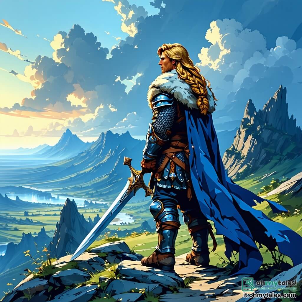 Einar, un giovane di circa 18 anni, è in piedi su un promontorio roccioso, con un'espressione di determinazione e coraggio. I suoi lunghi capelli biondi scompigliati fluttuano nel vento, mentre indossa un'armatura di cuoio decorata con motivi vichinghi e un mantello di pelliccia. Brandisce una spada scintillante, guardando l'orizzonte con occhi blu profondi, pieni di speranza. Accanto a lui, Leif, il suo amico d'infanzia di 17 anni, è un arciere agile. Ha capelli castani e trecce che gli cadono sulle spalle. Sta preparando una freccia nel suo arco, pronto a difendere il loro villaggio, con un'espressione concentrata e seria. Il loro villaggio, Skjoldby, è visibile sullo sfondo, con case di legno dai tetti di paglia, circondate da montagne innevate e un cielo crepuscolare colorato di rosso e arancione. Drakkar con vele nere si profilano all'orizzonte, annunciando l'arrivo dei Lupi di Ferro. La scena cattura il momento di tensione prima della battaglia, dove Einar e Leif si preparano a difendere la loro terra, illustrando il coraggio e l'amicizia al centro di un epico racconto nordico.