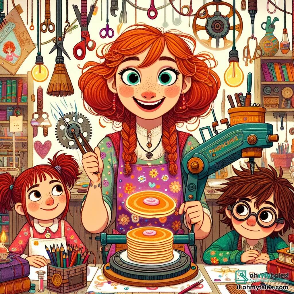 Al centro dell'immagine, Serena, una donna dai capelli rossi, sorride con entusiasmo. Indossa un grande grembiule multicolore, pieno di forbici, matite e piccoli attrezzi. I suoi occhi brillano di curiosità mentre aggiusta una strana macchina, la Pancake-Volante 3000, che emette scintille e rumori divertenti. A destra, Gaia, una bambina di 8 anni con due trecce e una maglietta a fiori, osserva con meraviglia la macchina, sorridendo e tenendo un piccolo taccuino per annotare le sue idee. A sinistra, Luca, un ragazzo di 9 anni con i capelli castani disordinati, è accovacciato, concentrato su un ingranaggio. La scena si svolge nella bottega di Serena, piena di oggetti strani e colorati, creando un'atmosfera magica. Serena testa la sua macchina mentre il pancake che ha preparato vola in aria, scatenando le risate dei bambini e riempiendo l'aria di un'atmosfera gioiosa.