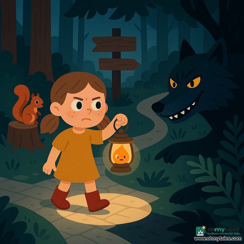 A 7-year-old girl with light brown pigtails, a round freckled face and a determined-yet-worried expression holds a small brass lantern that casts a warm orange circle of light; she wears a mustard-yellow dress and red boots. To the right a large dark bluish-black wolf with amber eyes and a sly grin is partly hidden behind a big fern, paw indicating a tempting dark path. A small bright-red squirrel perches on a stump to the left, watching curiously. The scene is a forest crossroads at dusk with pale stone ground, tall trees, bluish mist and a worn wooden sign pointing two ways; the girl advances on the lit path while the wolf offers the shadowed route, creating a strong contrast between safety and menace.