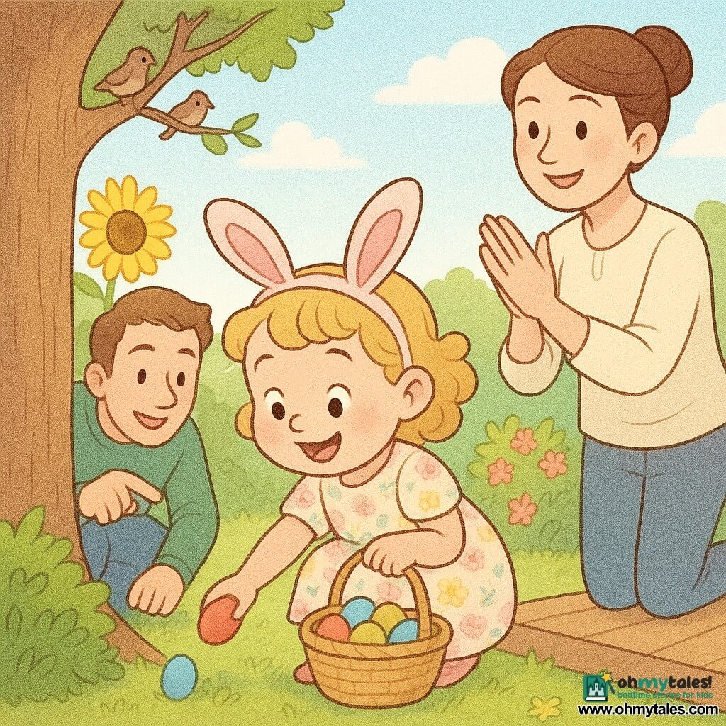 A joyful 2-year-old girl with curly blonde hair, rosy cheeks, a pastel floral dress and pink fabric bunny ears holds a small wicker basket of colored eggs, crouching by a bush to pick up a red egg; her smiling, tender mother (about 30, brunette in a bun, light shirt) stands on a wooden terrace to the right applauding softly, while her amused, protective father (about 32, light-skinned, green sweater) crouches behind to the left pointing at a blue egg near a tree trunk; bright spring garden with green lawn, large yellow sunflower, flowering bush, leafy tree, light blue sky with fluffy clouds and small birds on a branch; main scene a colorful, joyful egg hunt in golden morning light with vivid painted eggs hidden under leaves and near flowers, gentle safe atmosphere centered on the girl and her basket; style: rounded lines, pastel colors, soft textures and exaggerated, easy-to-read facial expressions for toddlers.