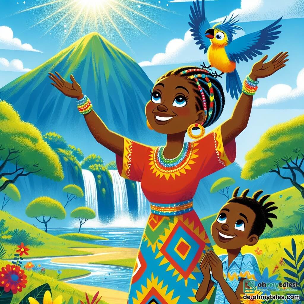 Im Vordergrund steht Mama Mambo, eine afrikanische Frau in den Vierzigern, stolz mit einem strahlenden Gesicht voller Entschlossenheit und Freundlichkeit. Sie trägt ein buntes Kleid mit traditionellen Mustern und funkelnde Perlenarmbänder. Ihre Haare sind geflochten und mit leuchtenden Blumen geschmückt. Sie hebt die Arme gen Himmel, als wolle sie den großen Geist des Wassers rufen. Neben ihr sitzt ein kleiner, bunter Vogel, ein etwa 8-jähriger Junge mit leuchtend blauen und gelben Federn, der fröhlich singt, seine Augen vor Aufregung funkelnd, bereit, Mama Mambo auf ihrer Suche zu begleiten. Im Hintergrund erhebt sich majestätisch der große grüne Berg mit glitzernden Wasserfällen, die von seinen Hängen herabfallen. Der Himmel ist strahlend blau, mit flauschigen weißen Wolken, und die Landschaft ist voller Wildblumen und üppiger Bäume. Die Hauptsituation zeigt Mama Mambo und den kleinen Vogel, entschlossen und vereint, vor dem großen Berg stehend, bereit, den mächtigen Geist des Wassers um Hilfe zu bitten, um ihr Dorf vor der Dürre zu retten.