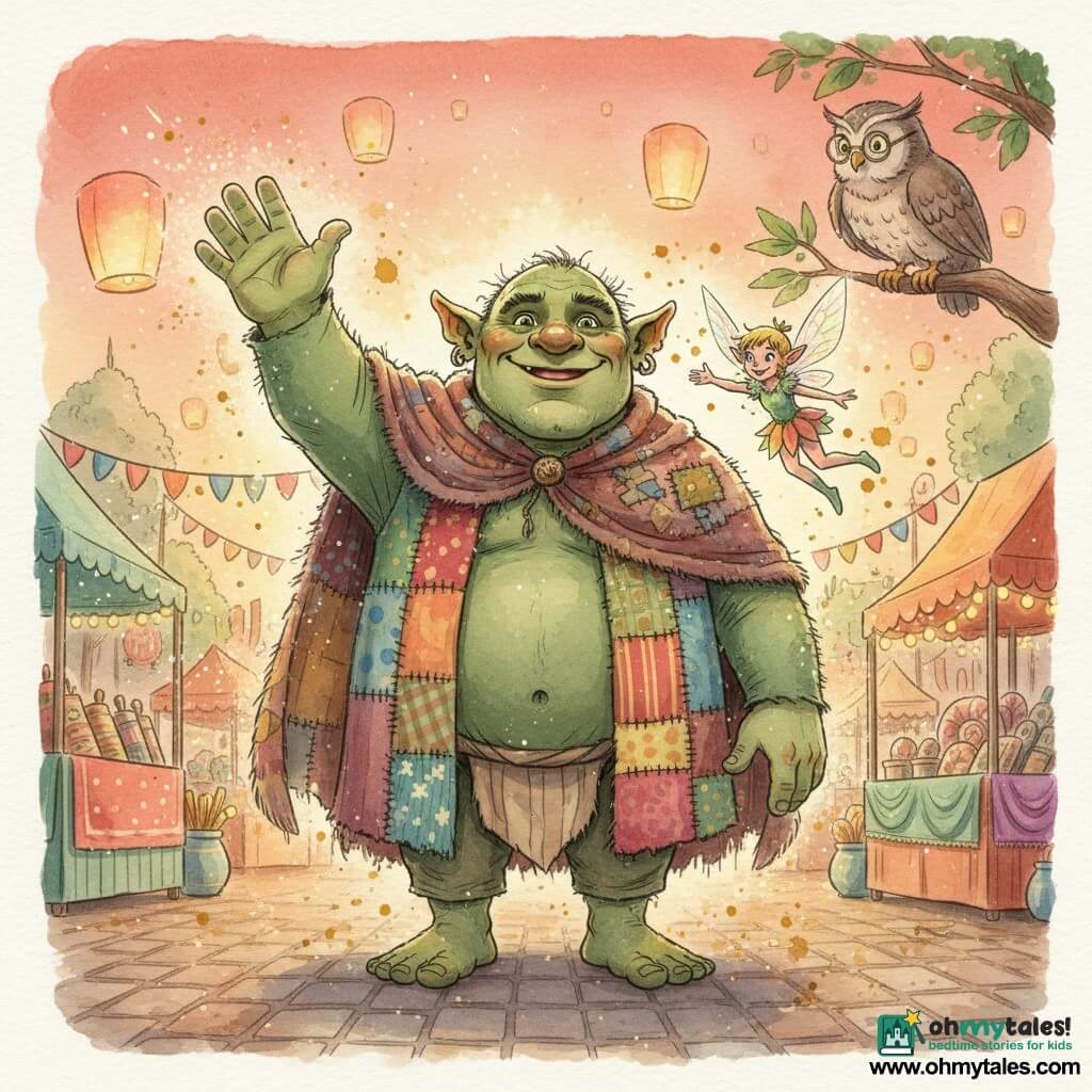 A smiling, relieved male ogre — tall, stocky, tender-textured pale green skin, bright emerald eyes, sparse hair, wearing a colorful patchwork coat — stands center, raising a hand in greeting with a joyful face; a tiny female sprite fairy named Flicker with iridescent translucent wings and a petal dress flutters at his right shoulder, scattering small golden sparks with a mischievous, delighted expression; an old owl called Professor Whiskers with brown-gray plumage and round glasses perches on a high branch in the background, tilting his head kindly; the decorated market square has cobbles, multicolored banners, warm string lights, patterned candy stalls, paper lanterns and a pink-orange twilight sky; the main moment is festive, a soft golden glow envelops the ogre and fairy, a shimmering magical veil reveals the patchwork coat while an unseen crowd applauds, in a warm, saturated watercolor-washed palette with controlled splashes around lights and sparks.