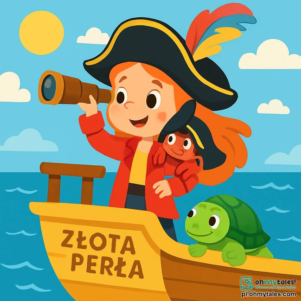 Młoda piratka, Ania, z długimi, ognistymi rudymi włosami i dużym, zdecydowanym uśmiechem, dumnie stoi na pokładzie swojego statku „Złota Perła”. Ma na sobie czarny kapelusz ozdobiony dużym kolorowym piórem i czerwoną kurtkę, podczas gdy przygląda się horyzontowi przez lunetę. Obok niej kryje się mały krab o imieniu Krabi, z jaskrawoczerwoną skorupą i dużymi, ciekawymi oczami, który z ekscytacją spogląda spod kaptura Ani. Dalej, stary mądry żółw, Żółwik, z zieloną skorupą i błyszczącymi oczami mądrości, odpoczywa na pokładzie, spokojnie obserwując morze. Miejsce to rozległy niebieski ocean pod słonecznym niebem z kilkoma białymi chmurami, z migoczącymi falami tańczącymi wokół statku. Główna sytuacja przedstawia Anię, gotową do przygody, podnoszącą lunetę, aby dostrzec tajemniczą wyspę w oddali, podczas gdy Krabi i Żółwik entuzjastycznie ją wspierają, tworząc atmosferę ekscytacji i koleżeństwa.