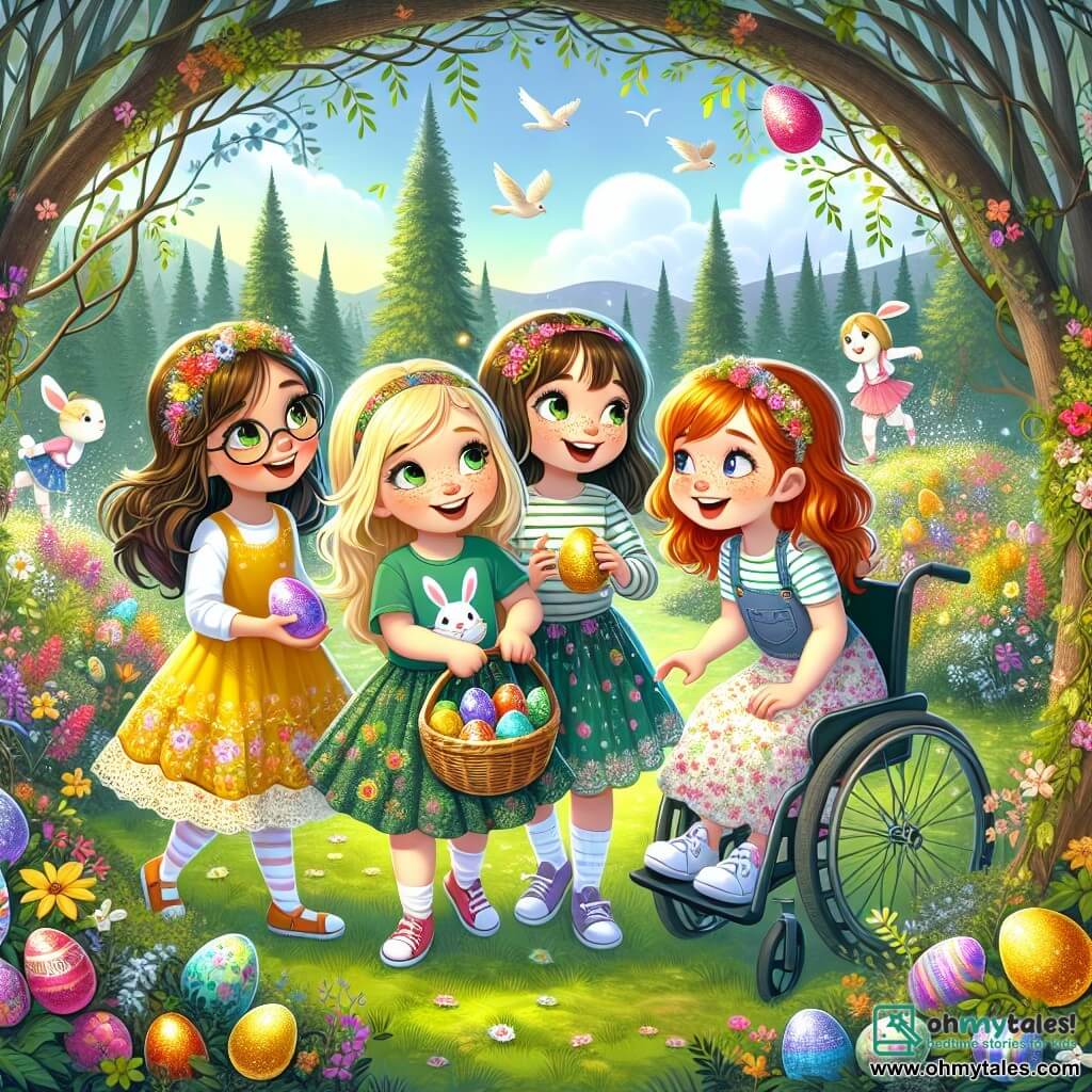 In an enchanted clearing, four girls are gathered for an Easter egg hunt. Lily, a 10-year-old with blonde hair and sparkling eyes, wears a bright yellow dress and holds a wicker basket filled with colorful eggs. Next to her, Mia, a 9-year-old with brown hair and glasses, wears a green t-shirt with bunnies and laughs joyfully. Emma, a 10-year-old with red hair and freckles, is dressed in a floral skirt and admires a decorated egg she just found. Finally, Sophie, a 9-year-old with brown hair in a wheelchair, wears a colorful jacket and smiles while holding a sparkling egg in her hand. The clearing is surrounded by tall trees with bright green leaves, and colorful flowers bloom everywhere, creating a fairy-tale landscape. The sky is bright blue, and birds sing joyfully in the branches. The four friends dance and laugh together, searching for eggs hidden under flowers and behind trees, while a gentle ray of sunshine illuminates their magical Easter adventure.