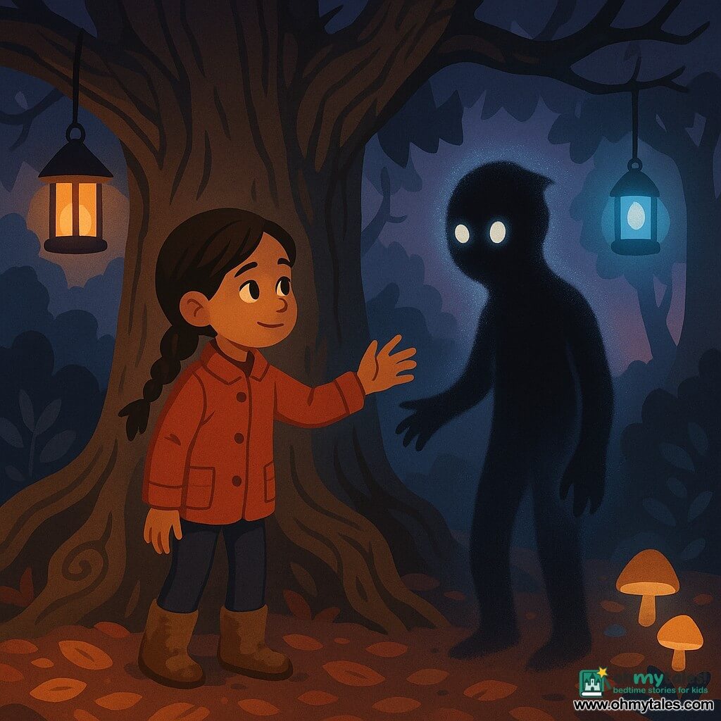 A 10-year-old girl, Clara, with a curious gaze and shy smile, chestnut hair in a braid, red buttoned jacket and muddy boots, reaches out toward a trembling dark silhouette; a shadow named Shade, a blurred humanoid like black smoke with shimmering edges and two pale bead-like eyes, stands hesitantly before her, partially hidden behind a trunk; an ancient oak with rough bark and spiraling roots towers above, its gnarled branches and moonlit leaves framing the scene; the ground is strewn with russet leaves and glowing mushrooms, a few lanterns hang from branches casting yellow and blue halos; twilight meeting in the woods—slightly eerie but gentle, strong contrasts of deep shadows and warm glows, composition centered on Clara's outstretched hand and Shade's nascent trust.