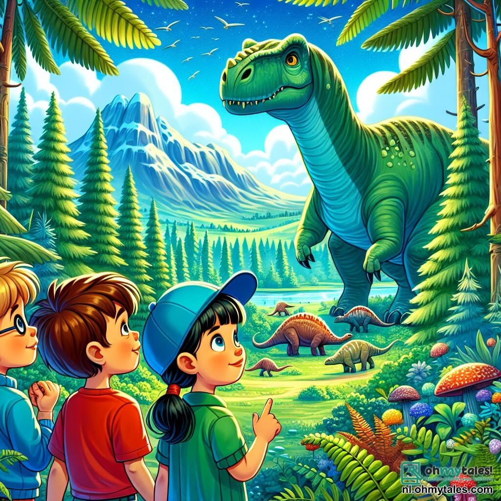 In een heldere prehistorische bos staan vier kinderen samen, verwonderd. Max, een zesjarig jongetje met wild bruin haar en een rode t-shirt, wijst naar een enorme brontosaurus die vredig in de buurt graast. Rechts van hem kijkt Sam, een zesjarig jongetje met blond haar en ronde bril, met grote ogen en een glimlach naar de scène. Links houdt Noor, een zesjarig meisje met lang zwart haar in een groene jurk, de hand van Tom, een zesjarig jongetje met kastanjebruin haar en een blauwe pet, die er een beetje nerveus maar nieuwsgierig uitziet. Het bos is dicht, met grote bomen, weelderige varens en kleurrijke bloemen die een vleugje magie aan de omgeving toevoegen. Op de achtergrond zijn verre bergen te zien onder een stralende blauwe lucht met donzige witte wolken. De kinderen observeren de brontosaurus, gefascineerd door zijn majestueuze grootte, terwijl een verre brul van een T-rex weerklinkt, wat een gevoel van opwinding en avontuur aan hun verkenning van het verleden toevoegt.
