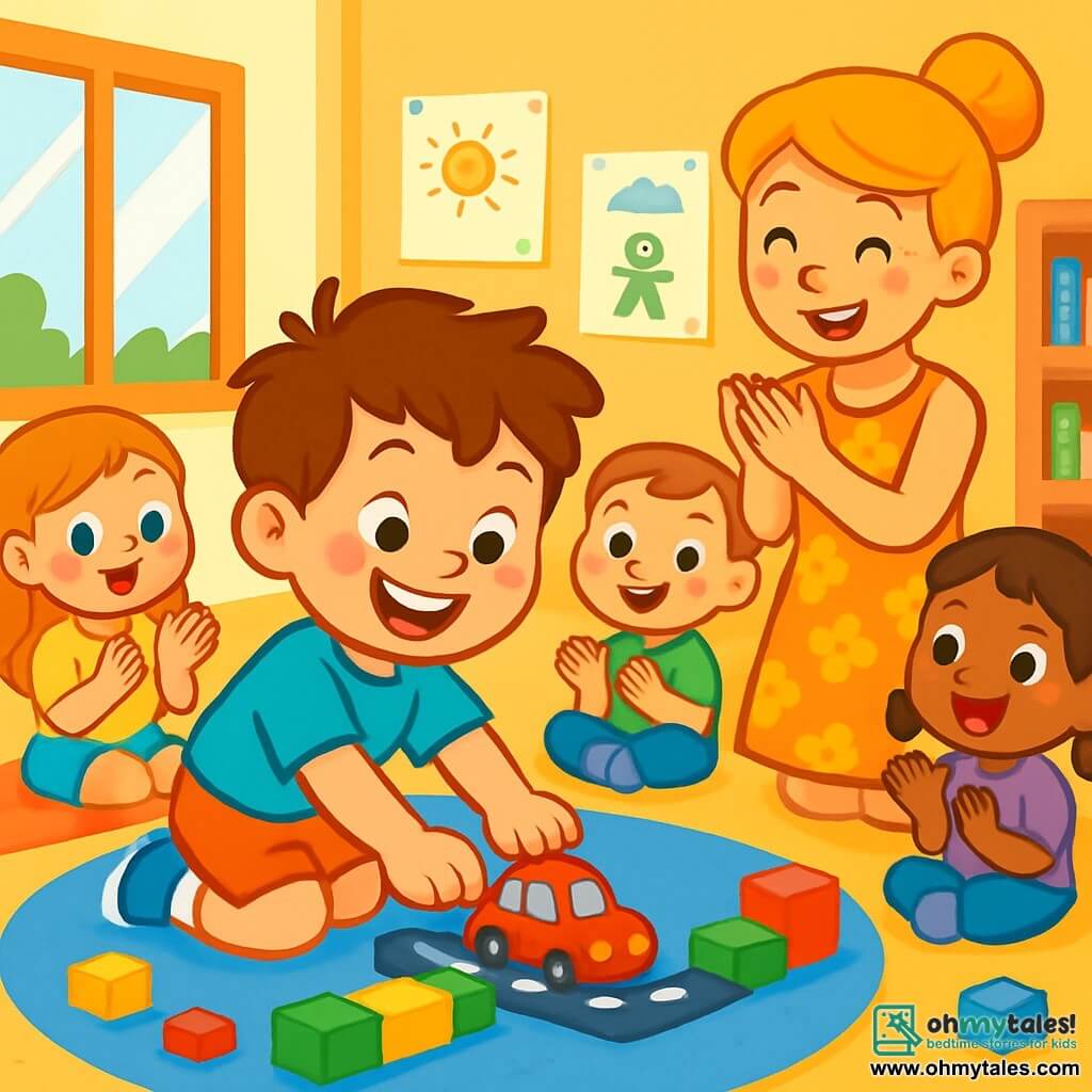 A 4-year-old boy named Tommy, with messy brown hair and sparkling eyes, plays with a small red car on a colorful block road. He smiles widely, showing his baby teeth, with rosy cheeks from excitement. Next to him, Miss Lily, a smiling woman in her 30s with blonde hair in a bun wearing a floral dress, encourages him by clapping. She stands slightly back, watching Tommy with pride. The scene takes place in a bright classroom with walls decorated with children's drawings and shelves filled with colorful books. Plush rugs are spread on the floor, and sunlight streams through the windows, creating a warm and welcoming atmosphere. Tommy drives his car on the road he built, while other children sit around, watching him with wonder and applauding his talent.