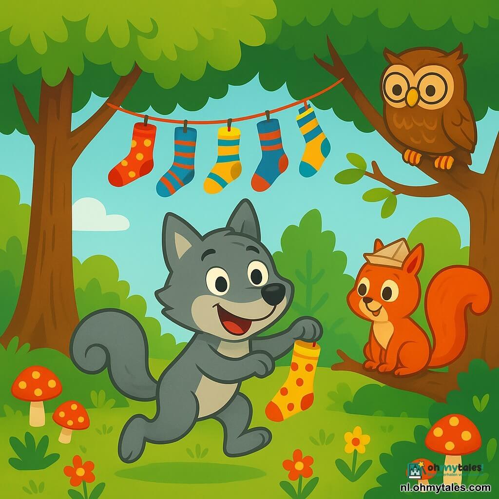 Een kleine grijze wolf met een schattige opgerolde staart, nieuwsgierige sprankelende ogen en een grote ondeugende glimlach, springt vrolijk onder een boom. Hij is omringd door kleurrijke sokken die als slingers hangen, sommige met stippen, andere gestreept, allemaal in felle tinten van rood, blauw en geel. Naast hem kijkt een ondeugend eekhoorntje, met een stralende rode vacht en een klein papieren petje, verbaasd toe vanaf een lage tak. Verderop kijkt een wijze uil, met bruine veren en ronde bril, met een glimlach toe vanaf een andere tak, terwijl ze haar hoofd schudt. De plek is een betoverd bos, waar de bomen hoog en majestueus zijn, hun bladeren glanzen in de zon, en de grond bedekt is met kleurrijke bloemen en grappige paddenstoelen. De hoofdscène toont de kleine wolf, opgewonden, die een sok kiest om aan zijn eigen staart te hangen, terwijl het eekhoorntje en de uil hem aanmoedigen met vrolijke lachjes.