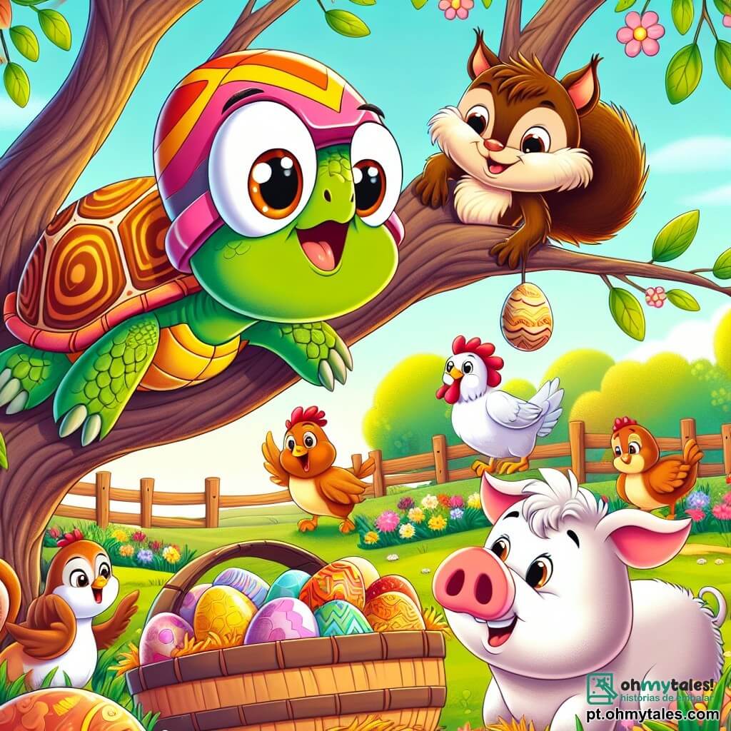 Uma tartaruga chamada Tita, com um bonito capacete listrado de cores vivas e olhos brilhantes de curiosidade, sobe com determinação em um galho de árvore, exibindo um largo sorriso de empolgação. Ao seu lado, um pequeno esquilo chamado Binho, com pelagem marrom e olhos travessos, segura uma grande cesta cheia de ovos, olhando para Tita com admiração. Embaixo da árvore, uma galinha branca chamada Clara, com penas desgrenhadas e uma expressão preocupada, observa a cena, enquanto um porquinho rosa, Pipo, se diverte pulando na lama, espirrando sujeira ao redor. A cena acontece em uma fazenda ensolarada, cercada por campos verdes, flores coloridas e um céu azul radiante, onde todos os animais se reúnem para uma festa alegre. Tita, determinada a resolver o mistério dos ovos desaparecidos, está prestes a descobrir a verdade ao subir na árvore, criando uma atmosfera de aventura e camaradagem.