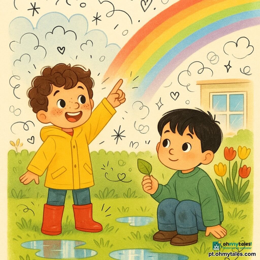 Dois meninos de 5 anos: Tiago, cabelos castanhos encaracolados e sardas, veste um casaco impermeável amarelo e botas vermelhas, parado à esquerda apontando para o céu com um sorriso; Miguel, cabelos pretos lisos, rosto redondo e olhos curiosos, veste um suéter verde e jeans molhado, sentado na relva à direita segurando uma folha molhada e olhando para um grande arco-íris. Cena num jardim de casa na primavera após uma chuva: relva brilhante com gotas refletindo o céu, poças, canteiro de tulipas vermelhas e amarelas, sebe baixa e janela ao fundo, algumas abelhas em estilo doodle; atmosfera alegre e colorida, luz do sol faz as gotas cintilarem, traços suaves e formas arredondadas, paleta luminosa (amarelo, verde, vermelho, azul).