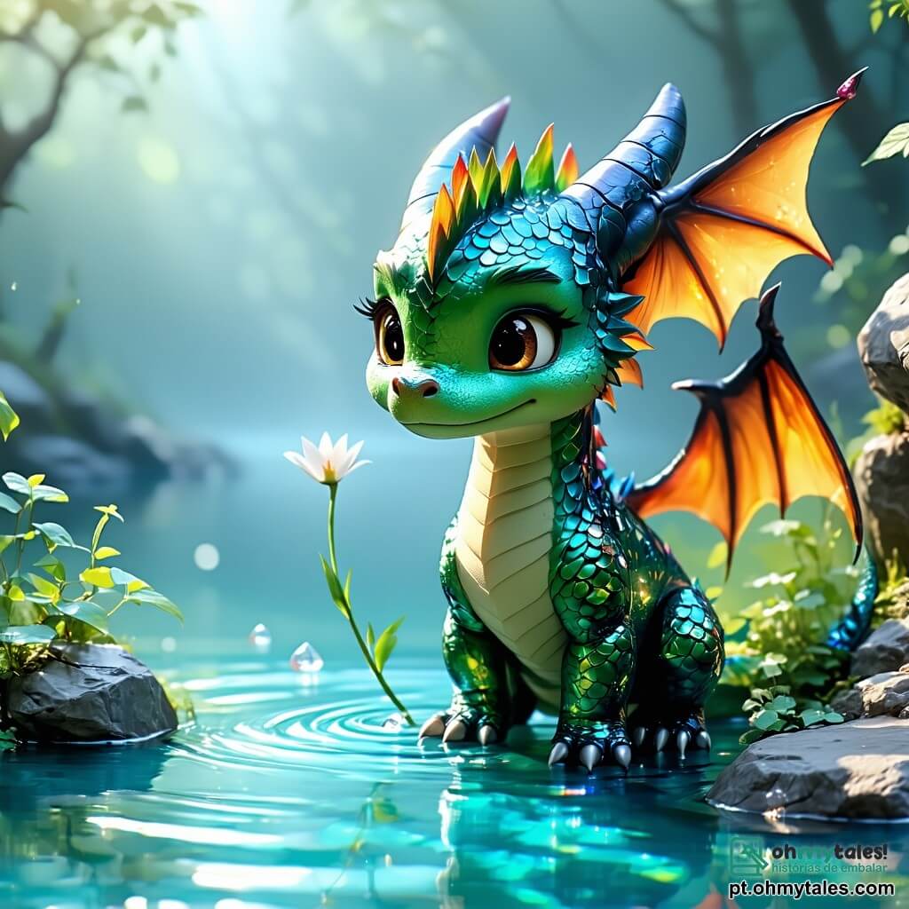 Um pequeno dragão chamado Drago, com escamas brilhantes de todas as cores do arco-íris, está à beira de um lago cristalino, com uma expressão de tristeza no rosto. Seus grandes olhos redondos refletem a luz do sol, e ele olha para seus amigos com um toque de arrependimento, segurando uma pequena flor nas patas. Ao seu lado, Lili, uma coelhinha de grandes orelhas e pelagem suave e branca, o observa com compaixão, seus olhos brilhando de empatia. Ela está sentada na grama verde, com uma cesta cheia de cenouras ao seu lado, pronta para ouvi-lo. Um pouco mais longe, Tito, um pequeno esquilo de pelagem ruiva e cauda espessa, sobe em um galho de árvore, observando a cena com uma expressão preocupada, suas pequenas patas apertadas em torno de uma avelã. A cena se passa em uma floresta encantada, onde grandes árvores com folhas douradas dançam suavemente ao vento, e flores coloridas salpicam o chão. O céu é de um azul brilhante, salpicado de nuvens brancas e fofas, e o suave murmúrio da água do lago cria uma atmosfera pacífica. Nesta ilustração, Drago, Lili e Tito se encontram cara a cara, enquanto Drago se desculpa sinceramente por suas mentiras, percebendo a importância da honestidade e da amizade.