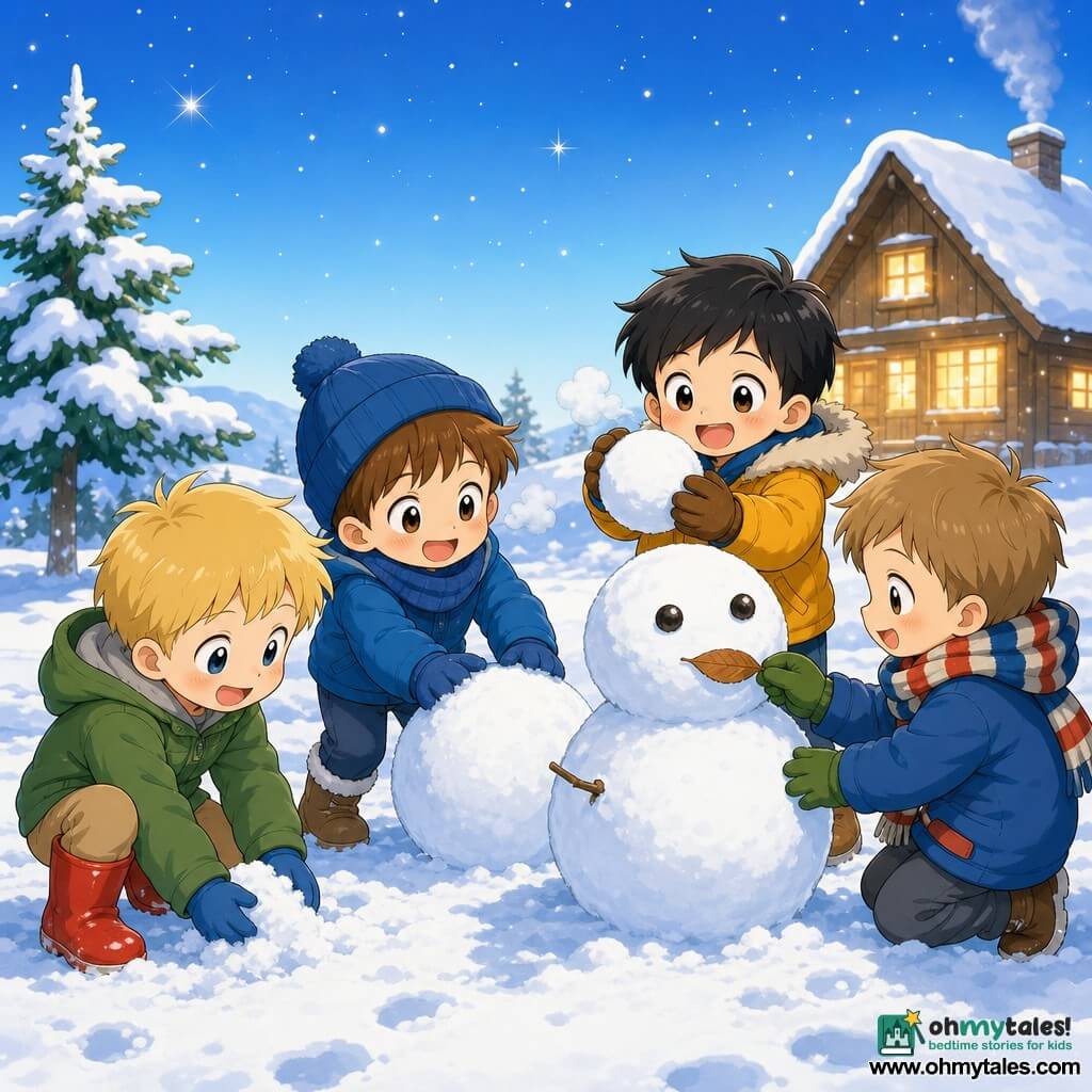 Four 4-year-old boys build a small snowman in a snowy clearing before a small snow-covered fir: a blond boy with short hair and shiny red boots stands left smiling and touching the snow; a brown-haired boy wearing a round blue hat stands center-left rolling a snowball; a black-haired boy with brown warm gloves stands center-right lifting a snowball to place it; a light brown-haired boy wearing a small striped scarf stands right adding a leaf for the snowman’s mouth; the ground is pristine white with round footprints, a pale blue sky with a few faint stars, and a distant wooden house with warm window light; the boys stack round snowballs, their breaths visible as white puffs, joyful expressions, soft colors and powdery snow textures.