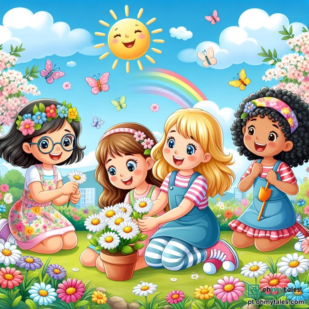 Quatro meninas, Clara, Sofia, Joana e Luísa, estão felizes em um parque em plena floração. Clara, de 10 anos, com cabelos castanhos e óculos, está agachada observando uma margarida. Sofia, também de 10 anos, com cabelos loiros e um vestido colorido, sorri segurando uma pequena pá. Joana, de 9 anos, com cabelos castanhos e uma bengala, se inclina para tocar os pétalas de uma flor. Luísa, de 10 anos, com cabelos negros e cacheados, levanta os braços animada para mostrar um ovo de Páscoa que encontrou. O parque está cheio de flores coloridas, com tulipas vermelhas, narcisos amarelos e árvores em flor, enquanto o céu é azul com algumas nuvens brancas. Os raios de sol iluminam a cena, criando uma atmosfera alegre e primaveril. As meninas estão plantando sementes de flores no solo, cada uma com um sorriso radiante no rosto, compartilhando seu entusiasmo pela natureza e pela beleza da primavera.