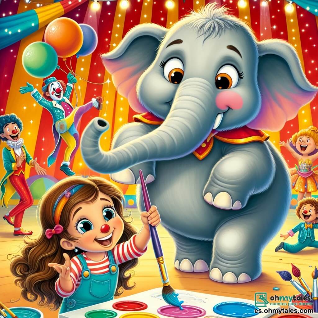 Una niña de 7 años, Lucía, con largos cabellos castaños y ojos llenos de curiosidad, está en el centro de la escena, sonriendo y entusiasmada, pintando con un pincel de colores vivos junto a un adorable elefante llamado Bongo. Bongo, un gran elefante gris con orejas grandes, usa su trompa para añadir toques de pintura al cuadro, mostrando una expresión alegre y amistosa. Al fondo, un payaso alegre, con una nariz roja y una gran sonrisa, lanza pelotas de colores al aire, mientras un acróbata de unos 10 años, vestido con un traje brillante, realiza piruetas con gracia, creando un ambiente festivo. El lugar es un circo colorido, lleno de luces brillantes y carpas a rayas rojas y amarillas, con espectadores maravillados aplaudiendo alrededor, añadiendo a la atmósfera mágica. La situación principal muestra a Lucía y Bongo colaborando alegremente para crear una obra de arte juntos, rodeados de risas y aplausos, ilustrando el espíritu de amistad y creatividad en el corazón del circo.