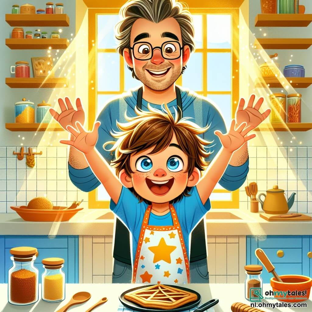 Een 9-jarig jongen, Timmy, met rommelig kastanjebruin haar en sprankelende ogen, staat in het midden van de keuken. Hij draagt een blauwe t-shirt met sterren en een kleurrijke schort, terwijl hij breed glimlacht met zijn armen omhoog in een overwinningsteek, voor een magische pannenkoek die in de lucht zweeft. Naast hem kijkt zijn papa, een man van ongeveer 35 jaar met een lichte baard en een bril, met een verwonderde glimlach naar de scène, met zijn armen over zijn borst gekruist, staande bij de tafel. De keuken is warm en uitnodigend, met gele muren, planken vol kleurige specerijpotten, en een raam dat zonlicht binnenlaat en de kamer verlicht. De hoofdscène toont Timmy, opgewonden en trots, terwijl hij zijn vliegende pannenkoek presenteert, terwijl zijn papa, verrast en gelukkig, het resultaat van de inspanning van zijn zoon voor Vaderdag bewondert.