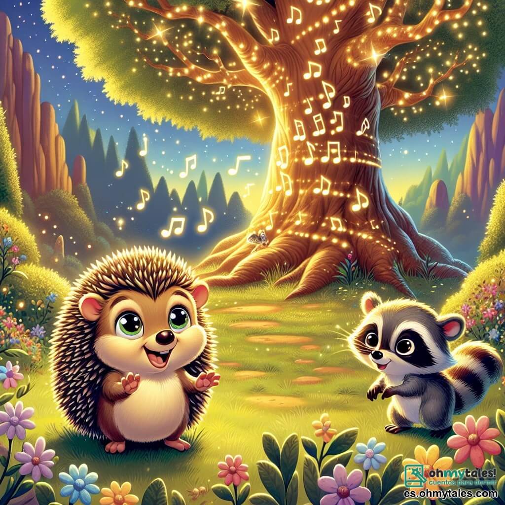 Un pequeño erizo llamado Tito, con espinas suaves y brillantes como estrellas, se encuentra en el centro de la imagen, con los ojos llenos de emoción y una amplia sonrisa en su rostro. A su lado, su amigo el mapache Miguel, un pequeño roedor de grandes orejas y pelaje gris, mira con curiosidad el gran árbol que canta, con sus patas delanteras en el suelo. El lugar es un claro encantado, bañado en luz dorada, rodeado de majestuosos árboles de hojas verdes brillantes y flores coloridas que bailan al viento. Al fondo, un antiguo árbol de ramas anchas y frondosas se erige majestuosamente, sus hojas brillando como notas musicales. La escena principal muestra a Tito y Miguel, maravillados, frente al árbol cantador, listos para resolver el misterio del canto mágico que resuena en el aire, llenando la escena de una atmósfera alegre y llena de promesas de aventura.