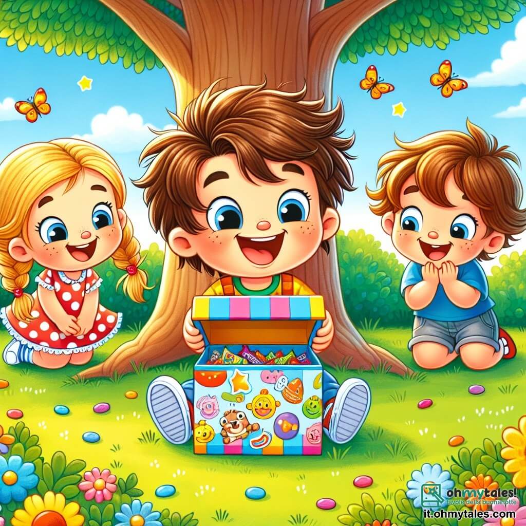 Un bambino di 4 anni, di nome Luca, è al centro dell'immagine, con i capelli castani in disordine e un grande sorriso sul volto, gli occhi brillanti di gioia. È accovacciato sotto un grande albero, tenendo in mano una scatola colorata decorata con adesivi, pronto a rivelare un tesoro pieno di caramelle. Accanto a lui, la sua migliore amica Sara, una bambina di 4 anni con capelli biondi intrecciati e un vestito rosa a pois, guarda con meraviglia la scatola, gli occhi scintillanti di eccitazione. Marco, un ragazzo di 4 anni con capelli castani e una maglietta blu, si tiene un po' in disparte, con le mani sui fianchi, impaziente di scoprire cosa contiene il tesoro. Lo sfondo è un giardino soleggiato, pieno di fiori colorati, farfalle che svolazzano e un prato verde, con un cielo azzurro chiaro. La scena trasmette un'atmosfera gioiosa e festosa, tipica della caccia alle uova di Pasqua, con Luca, Sara e Marco circondati da uova di Pasqua colorate nascoste nell'erba, creando un'atmosfera magica e piena di sorprese.