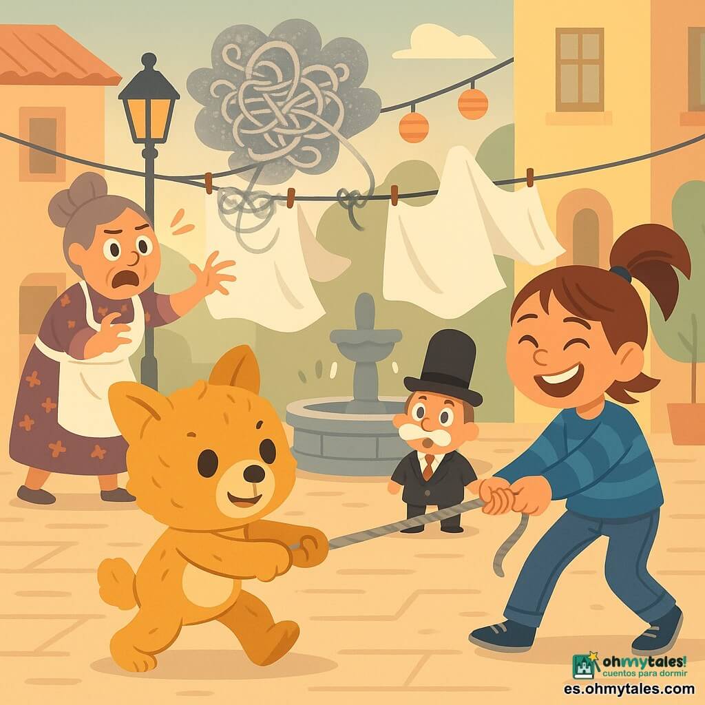 Brumo, protagonista: pequeño ser peludo parecido a un oso de lana, orejas puntiagudas, ojos de botón negros, sonrisa traviesa, postura dinámica, tira de una cuerda entre sus patas, color lana miel con manchas crema. Lía, secundaria: niña de diez años con coleta rebelde, rostro vivaz y ojos risueños, tira del otro extremo de la cuerda, con jersey azul a rayas y vaqueros, situada a la derecha de Brumo. La señora Tomasa, secundaria: anciana con moño apretado y delantal floreado, expresión exasperada y cómica, trata de recuperar sábanas flotantes junto a un tendedero detrás de Brumo. El alcalde: hombre bajo con sombrero excesivamente formal, sorprendido y con bigotito falso, de pie junto a la fuente. Plaza de pueblo empedrada con fuente redonda de piedra, farolillos de papel y fachadas pastel; una niebla gris y dentada se enreda en un nudo en el tendedero y las sábanas blancas vuelan como fantasmas cómicos; Brumo y Lía tiran de la cuerda para sacudir la niebla. Ambiente humorístico y mágico, luz suave de tarde, paleta cálida, contrastes nítidos y composición clara con formas sencillas.
