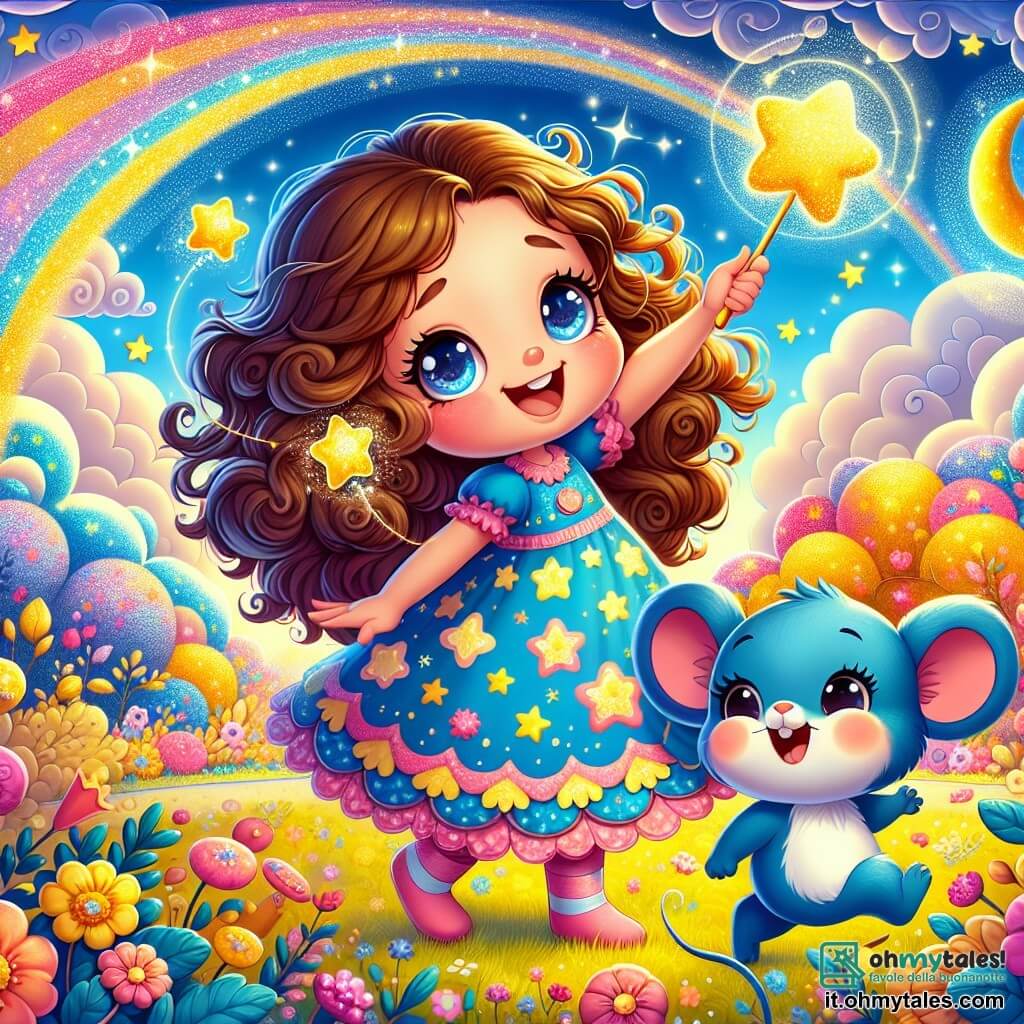 Al centro dell'immagine, una bambina di 5 anni di nome Stella, con lunghi capelli ricci e occhi scintillanti di curiosità, sorride gioiosamente mentre tiene una bacchetta magica luccicante. Indossa un vestito colorato decorato con motivi di stelle e lune, e il suo viso esprime grande eccitazione. Accanto a lei, un piccolo topo blu di nome Toby, con grandi orecchie e un sorriso malizioso, salta di gioia, le zampe posteriori in aria, pronto ad aiutarla nelle sue avventure. Sullo sfondo, un giardino magico pieno di nuvole colorate, fiori brillanti e un cielo azzurro chiaro. Nuvole rosa e gialle danzano intorno a loro, creando un'atmosfera gioiosa e fiabesca. In lontananza, un grande albero con foglie dorate ospita un piccolo lago scintillante. La scena principale mostra Stella e Toby, circondati da nuvole sorridenti, mentre danzano e celebrano la creazione di un magnifico arcobaleno che si estende nel cielo, illuminando il paesaggio con colori vivaci e gioiosi.
